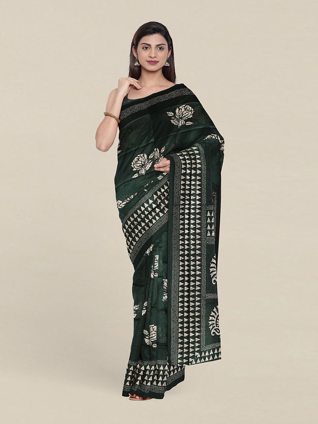 

Pothys Green & Cream-Coloured Pure Cotton Floral Saree