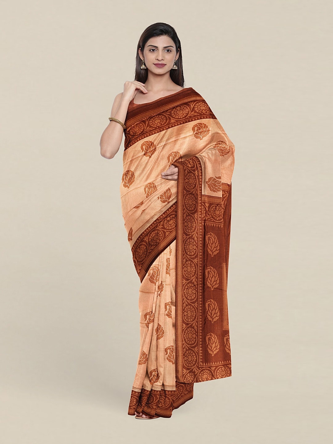 

Pothys Peach-Coloured & Brown Pure Cotton Paisley Saree