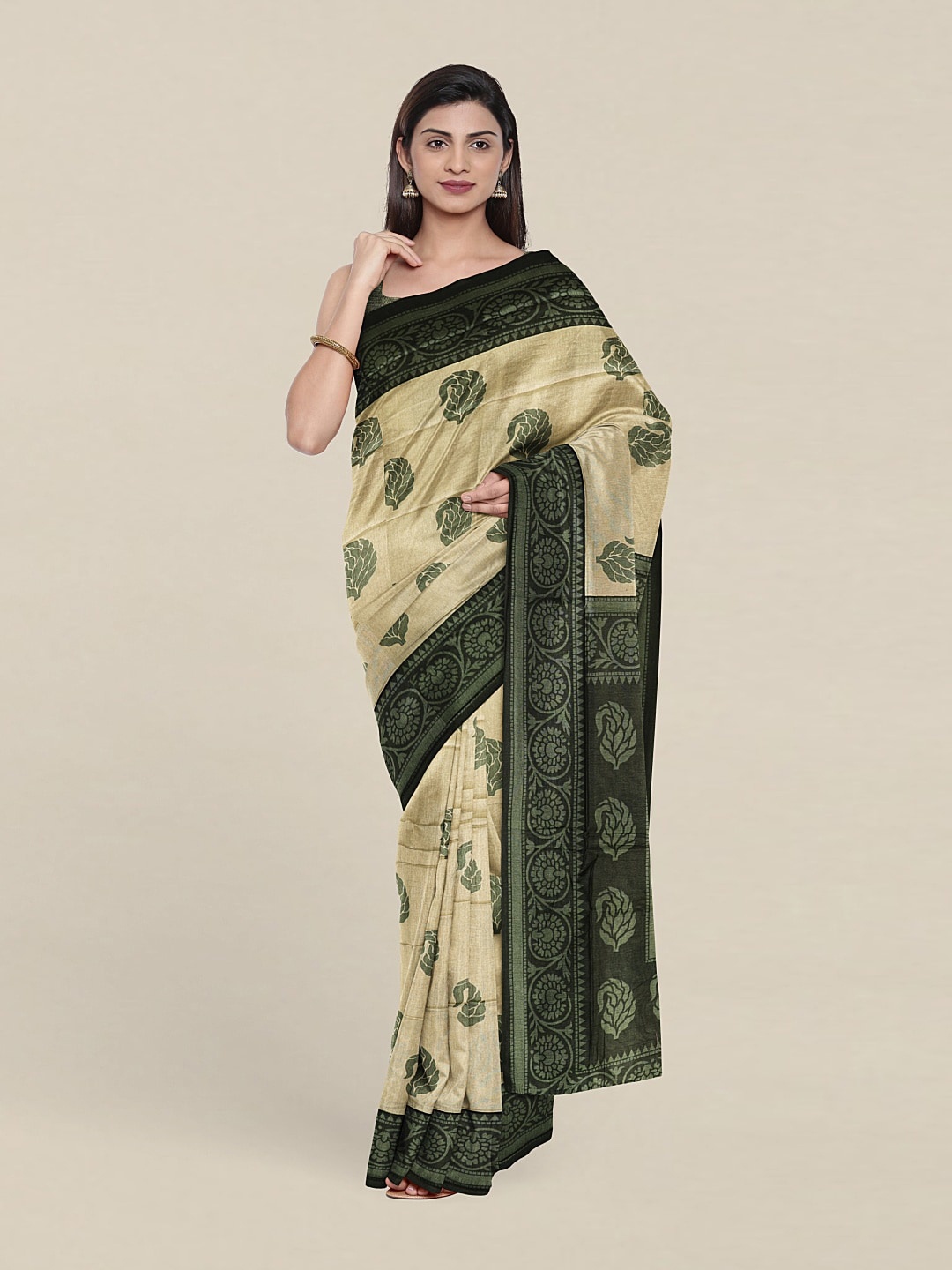 

Pothys Green & Cream-Coloured Pure Cotton Paisley Saree
