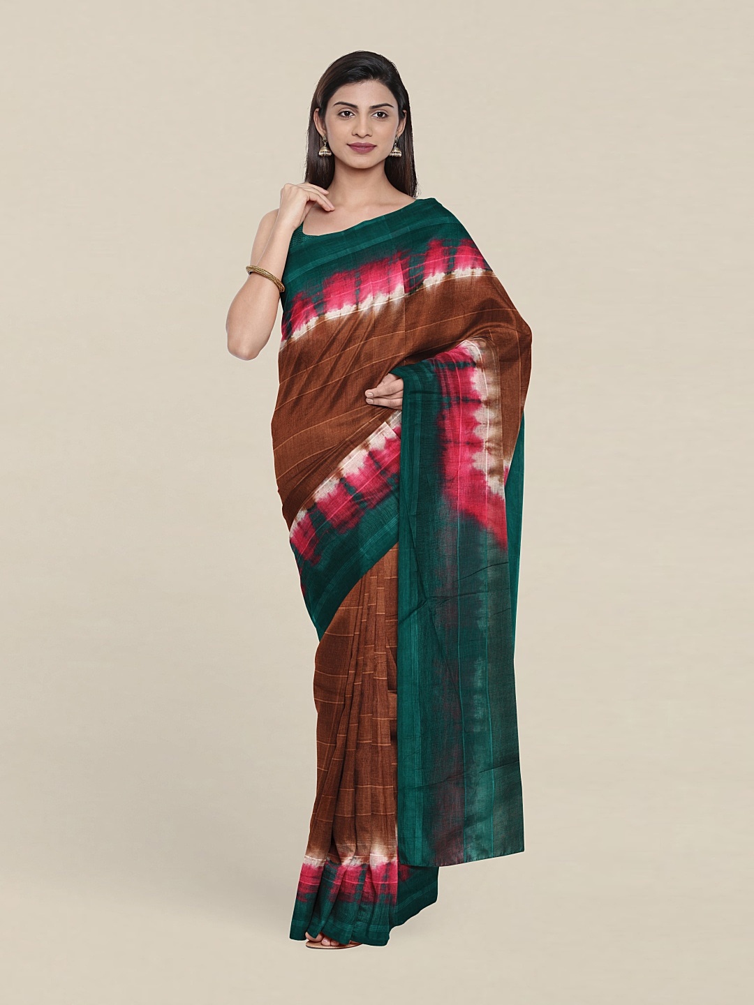 

Pothys Tie and Dye Pure Cotton Saree With Blouse Piece, Brown
