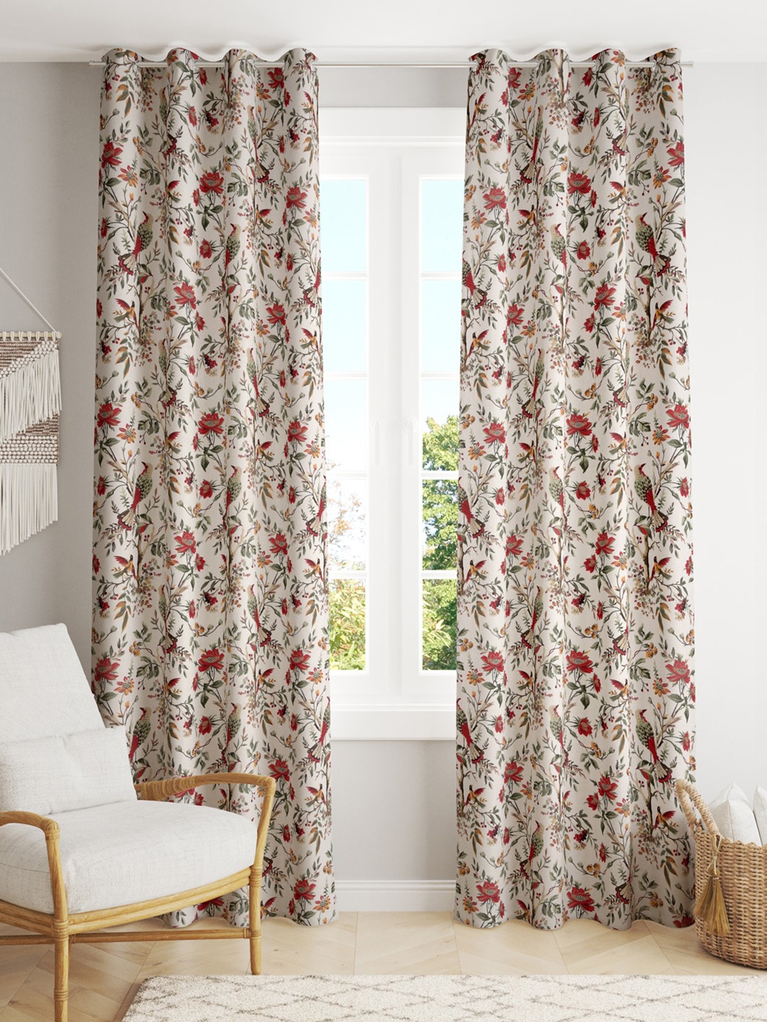 

Gulaab Jaipur Set of 2 Floral Cotton Long Door Curtain, Red