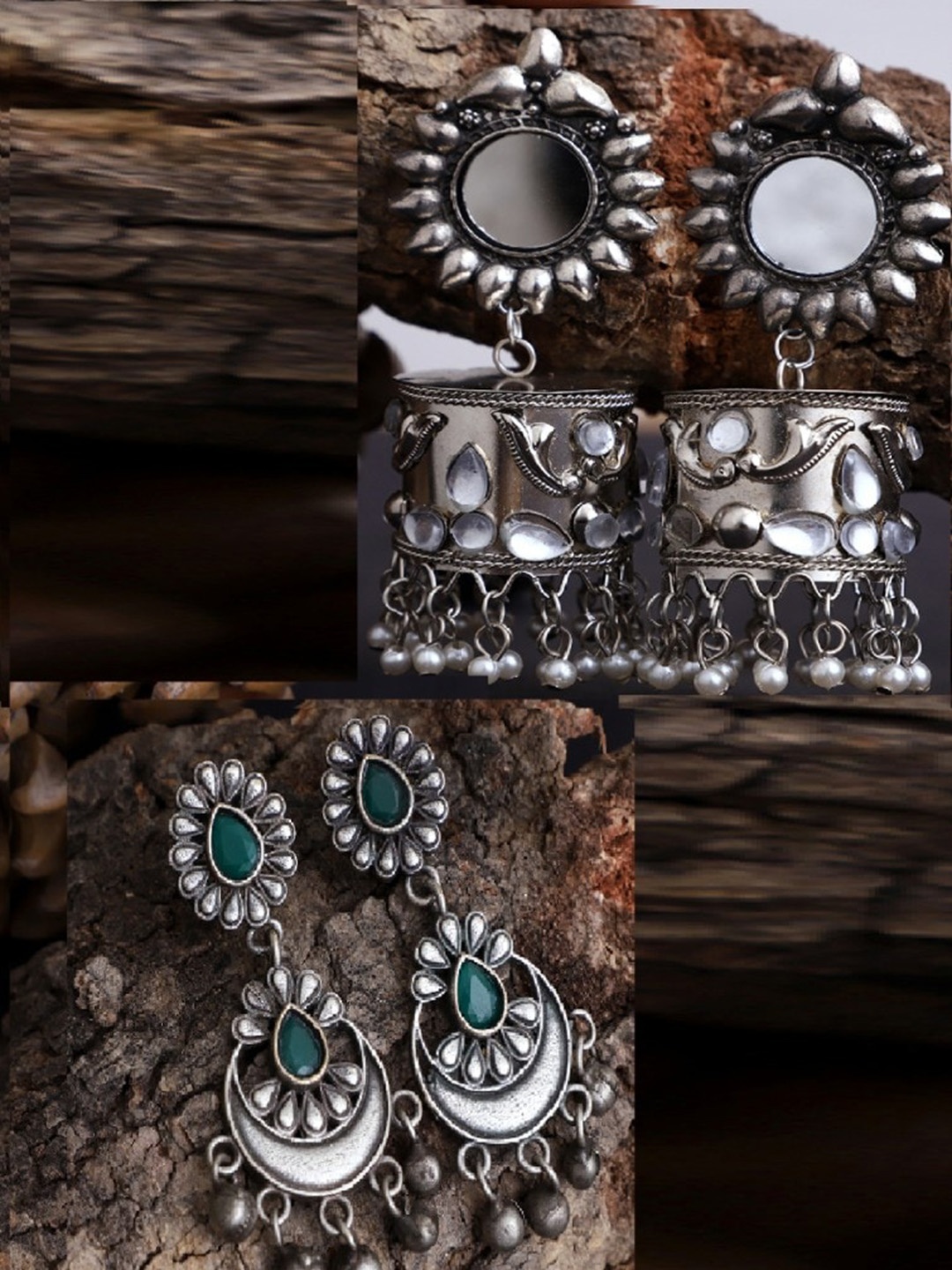 

VENI Set Of 2 Silver & Green Silver Plated Contemporary Jhumkas Earrings