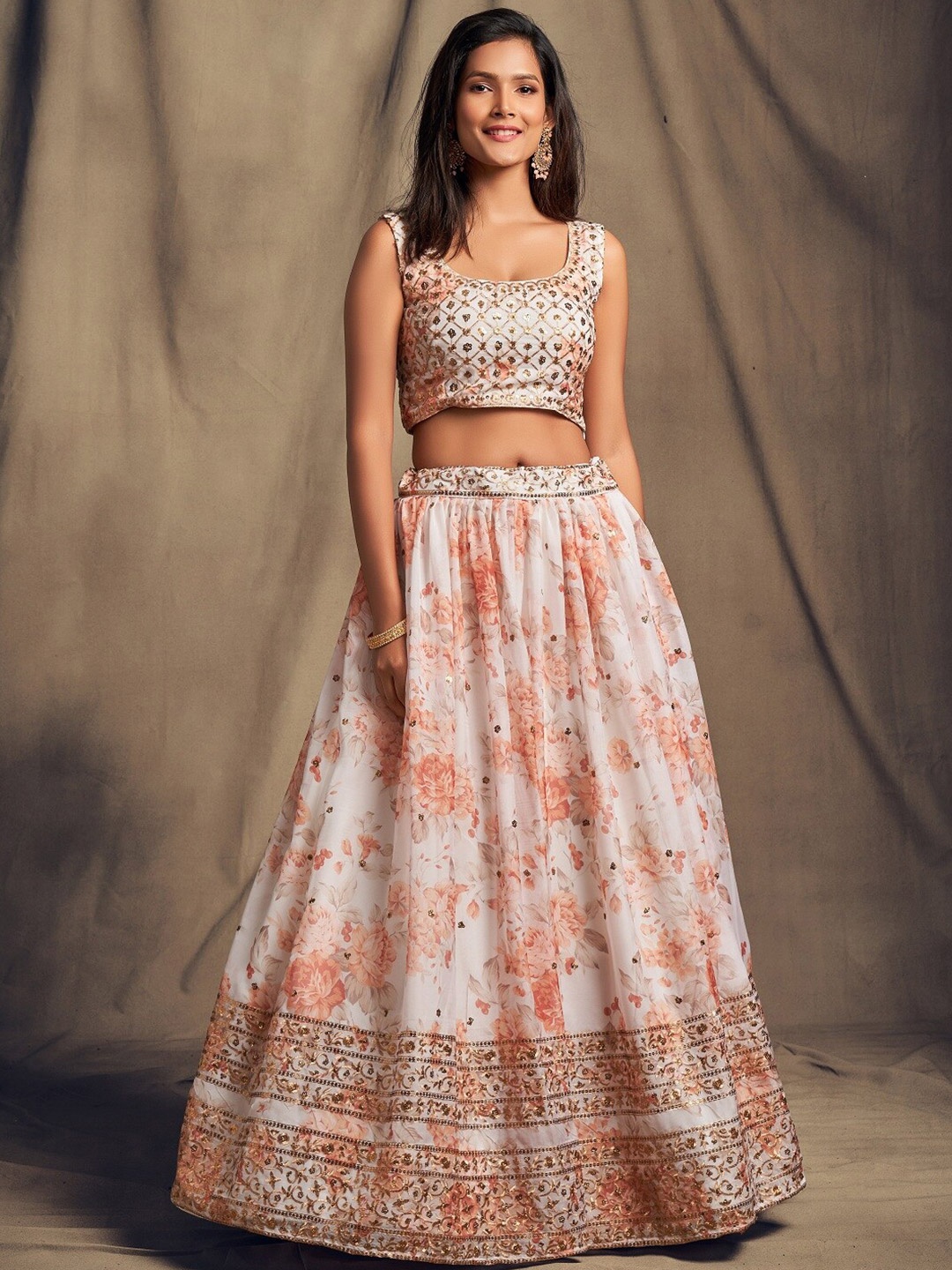 

Fashionuma White & Orange Printed Sequinned Semi-Stitched Lehenga & Unstitched Blouse With Dupatta