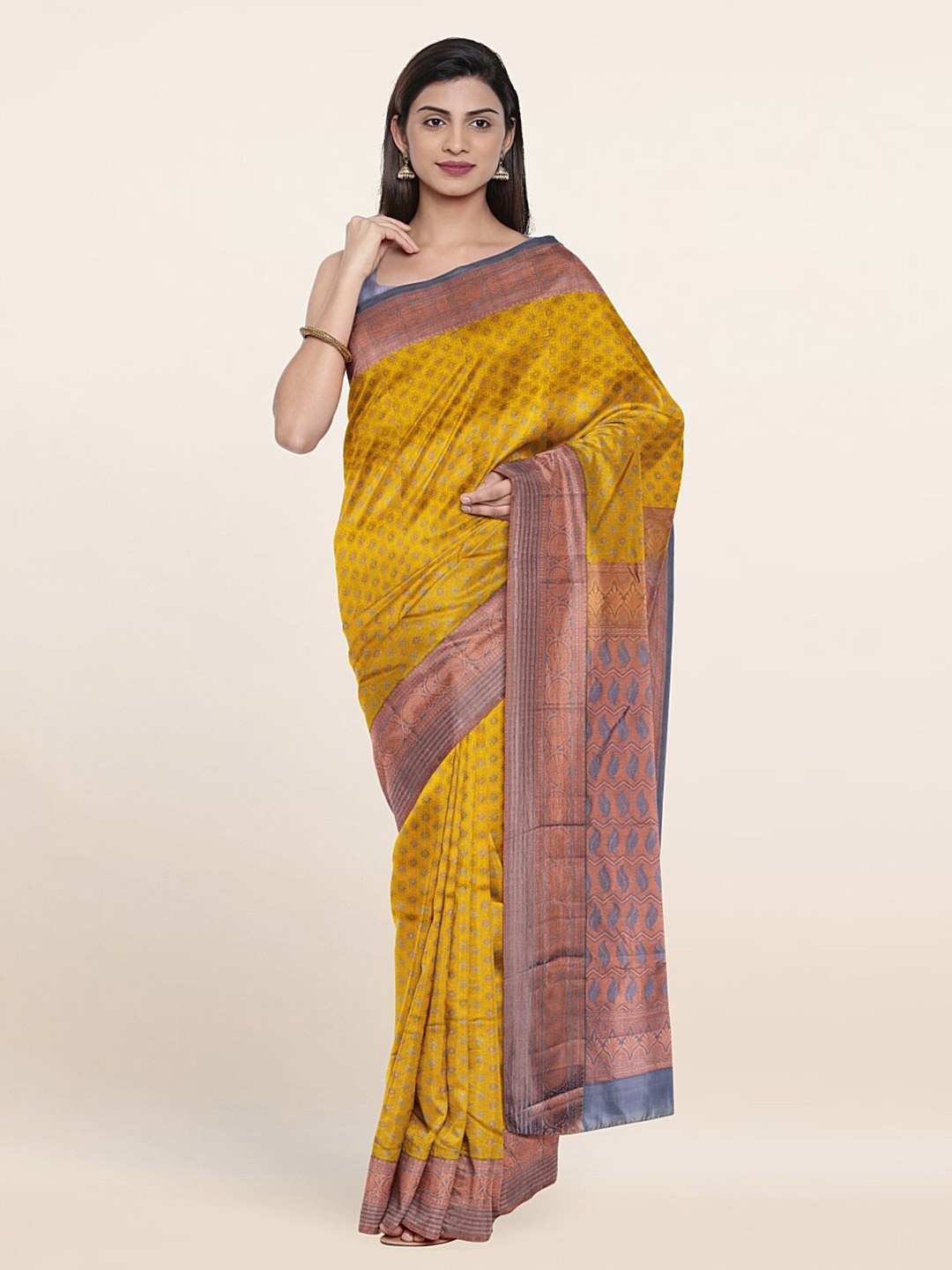 

Pothys Yellow & Copper-Toned Ethnic Motifs Zari Pure Silk Saree