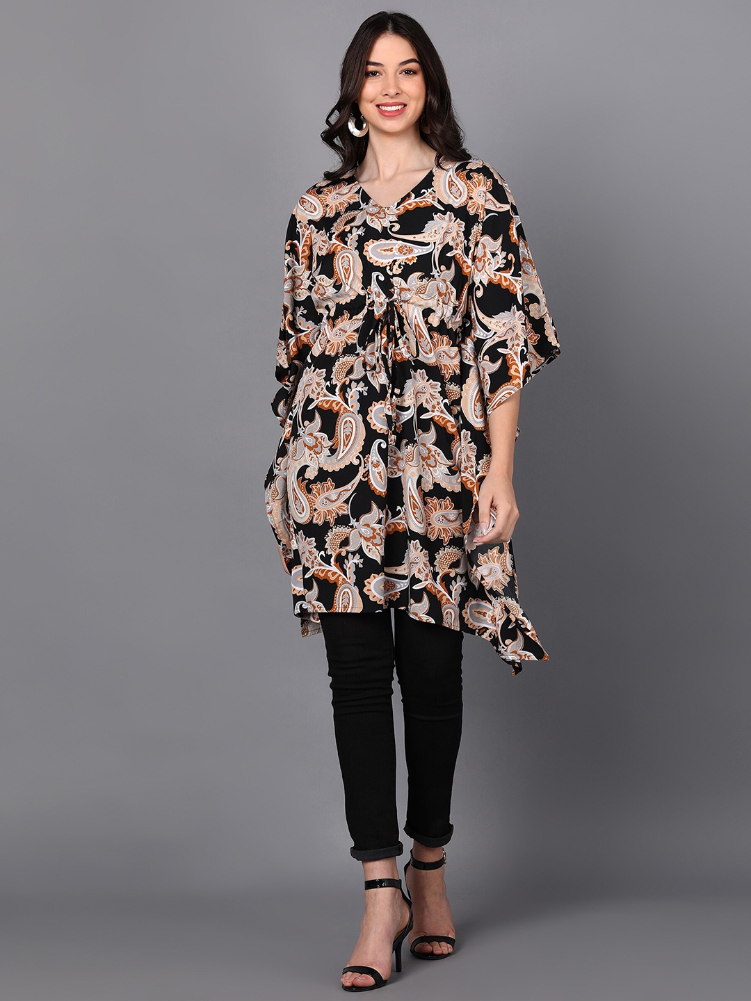 

Fashfun Floral Printed V-Neck Cold-Shoulder Sleeves Pleated Kaftan Kurti, Beige
