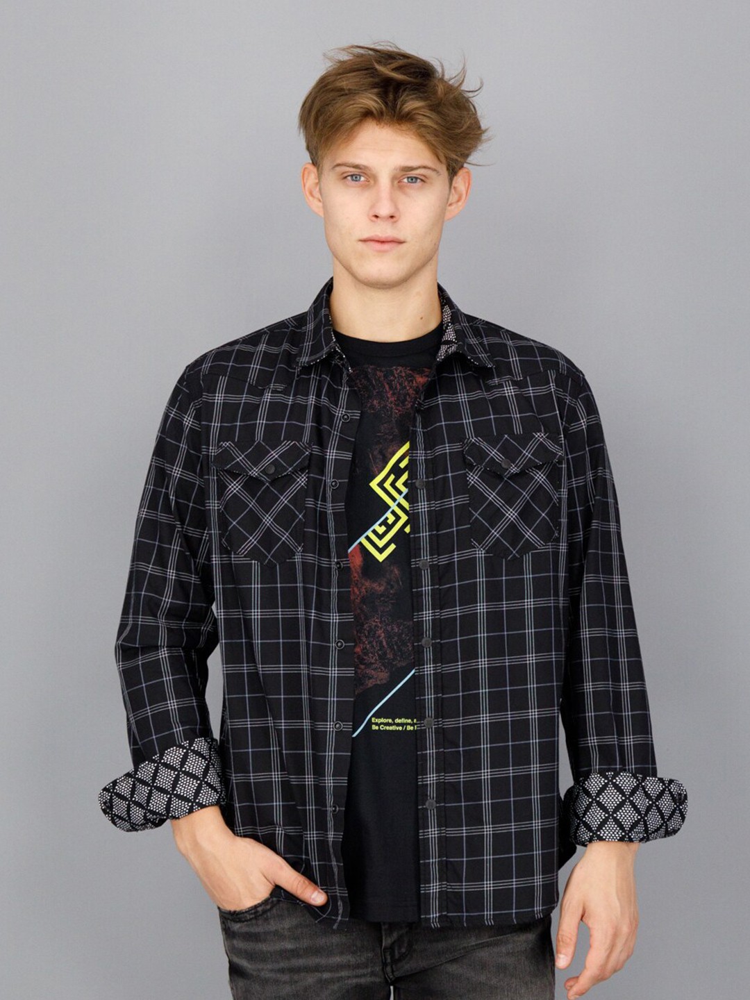 

FREESOUL Men Slim Fit Pure Cotton Checked Casual Shirt, Black