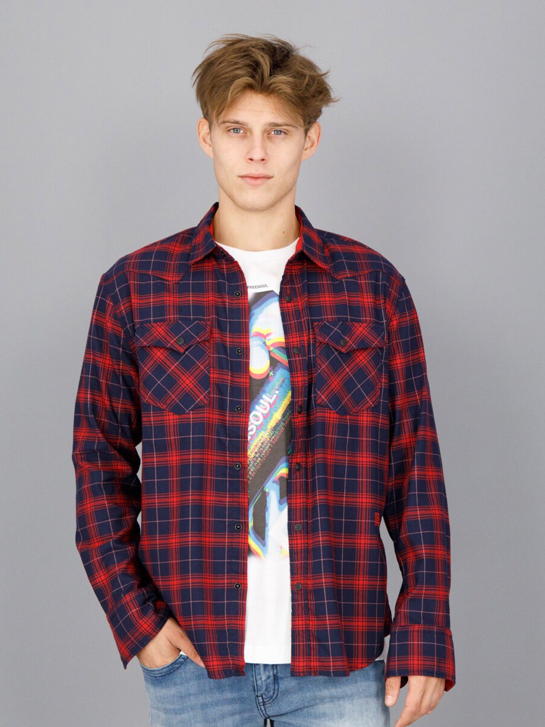 

FREESOUL Men Slim Fit Checked Casual Shirt, Blue