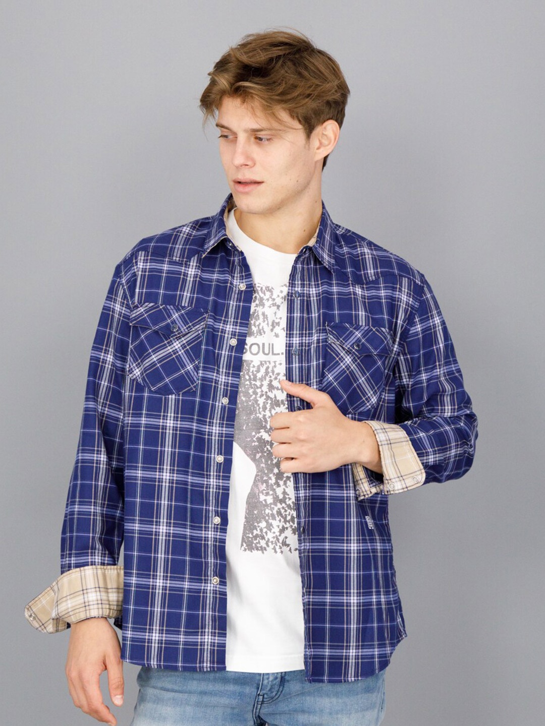 

FREESOUL Men Slim Fit Checked Casual Shirt, Blue