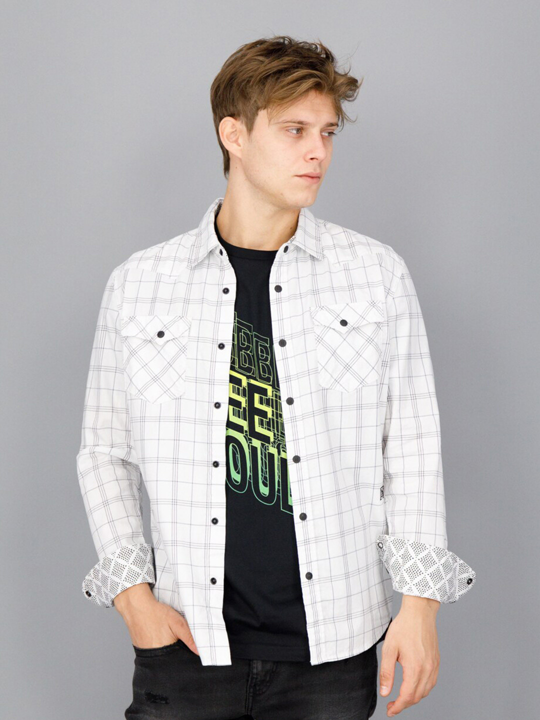 

FREESOUL Men Slim Fit Pure Cotton Grid Tattersall Checked Casual Shirt, White