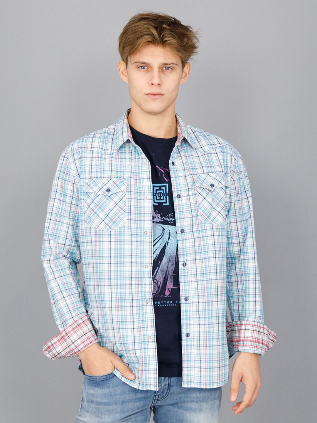 

FREESOUL Men Slim Fit Checked Pure Cotton Casual Shirt, Blue