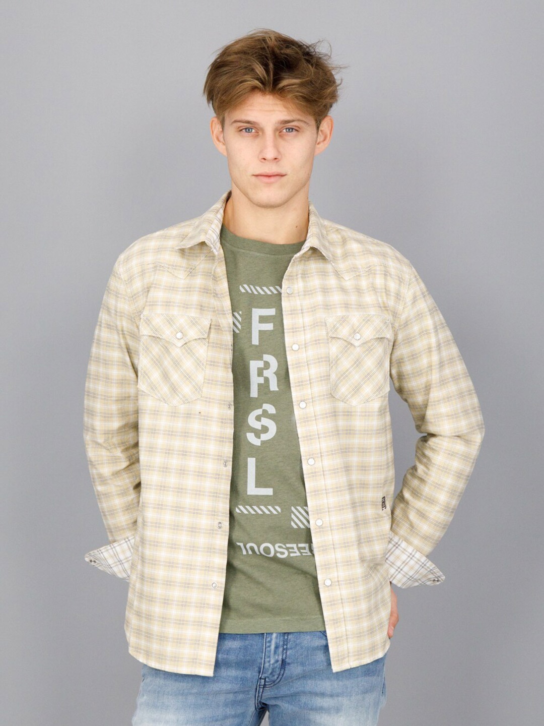 

FREESOUL Men Slim Fit Checked Pure Cotton Casual Shirt, Beige