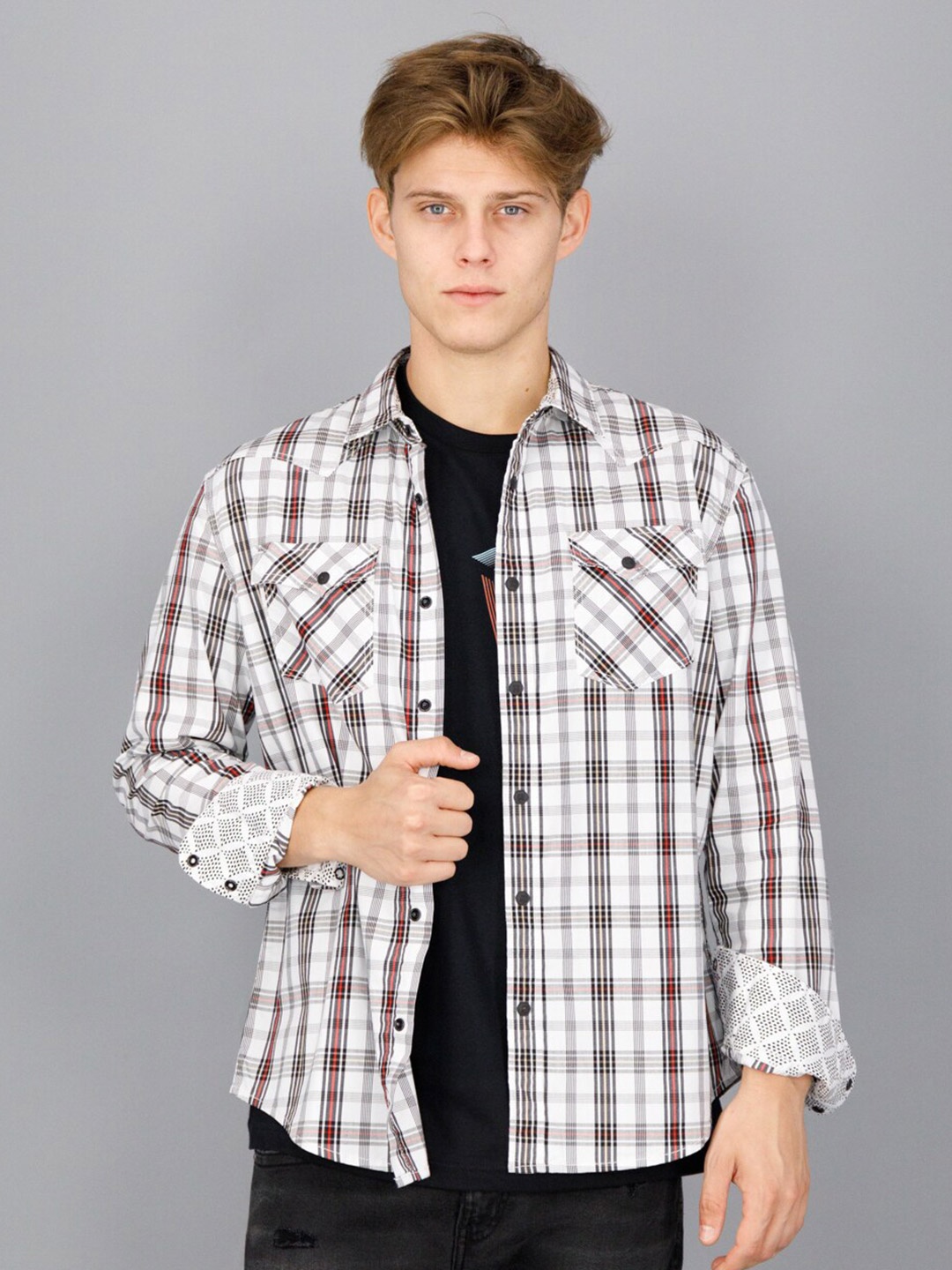 

FREESOUL Men Slim Fit Checked Pure Cotton Casual Shirt, White