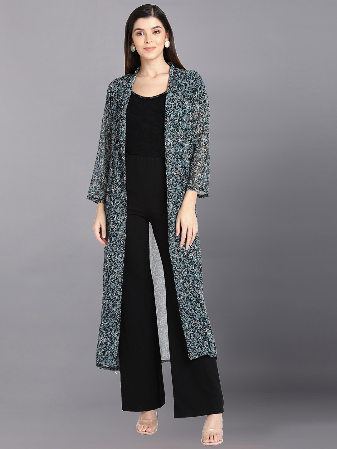 

Fashfun Women Printed Longline Polyester Shrug, Black