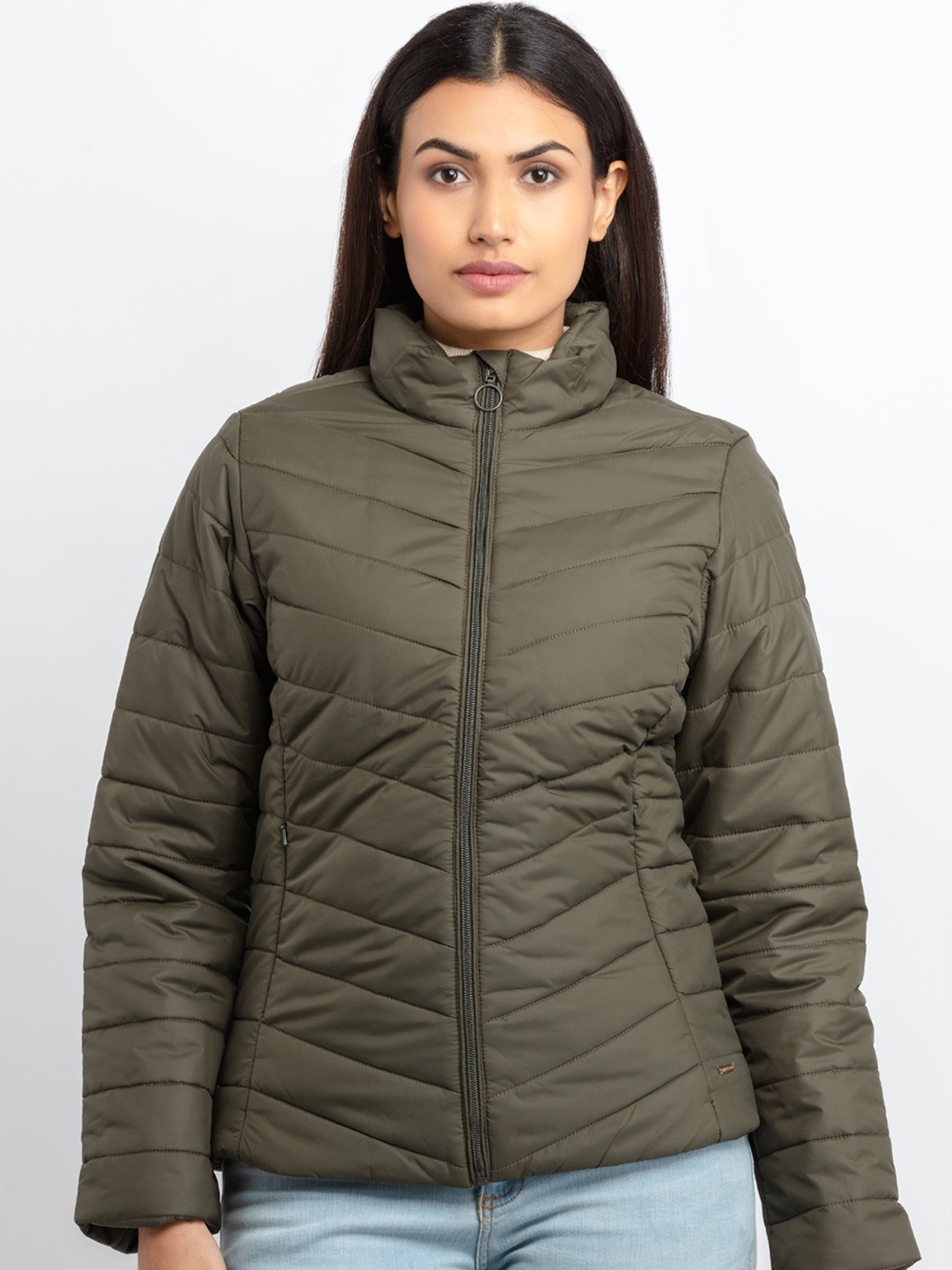 

Status Quo Women Solid Quilted Jacket, Olive