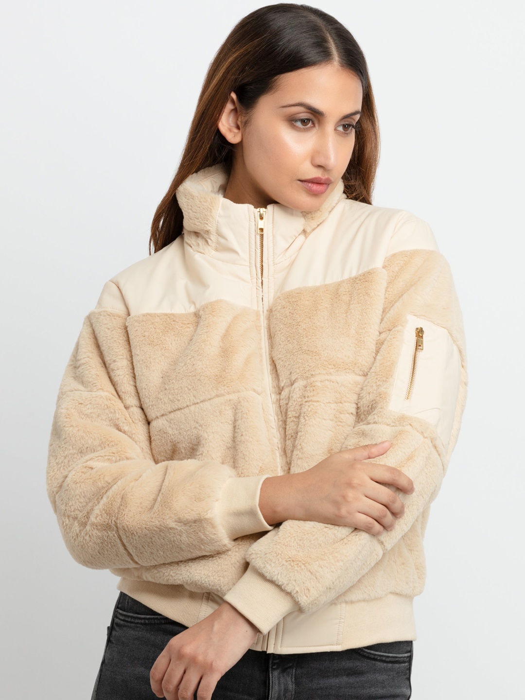 

Status Quo Women Colourblocked Tailored Jacket, Camel brown