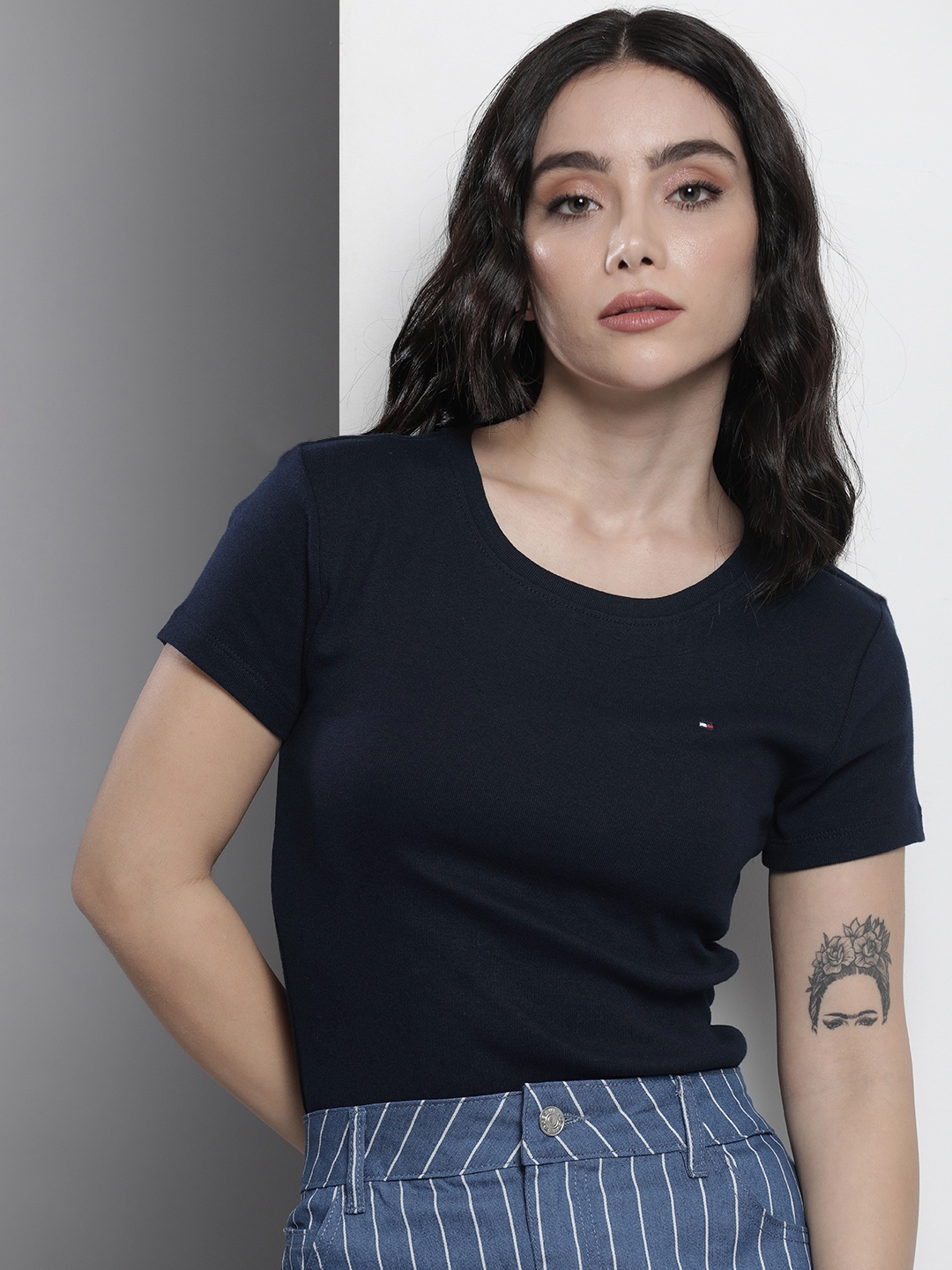 

Tommy Hilfiger Women Navy Blue Solid Pure Cotton T-shirt