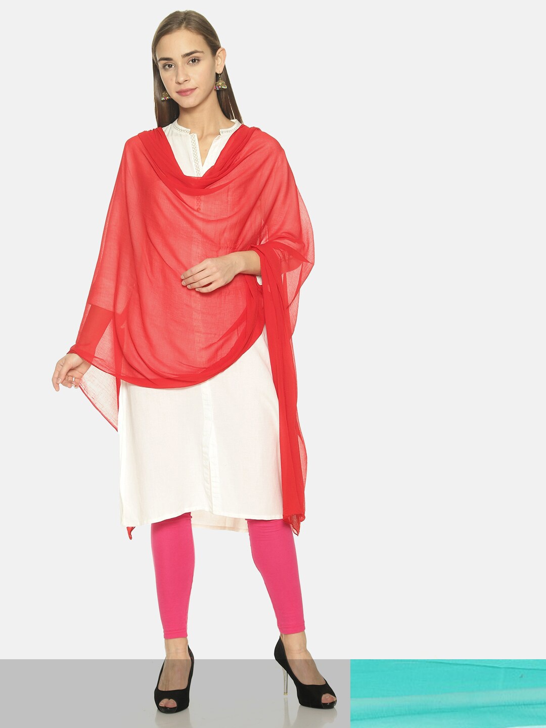 

TWIN BIRDS Set Of 2 Solid Nylon chiffon Light-weight Dupatta, Red