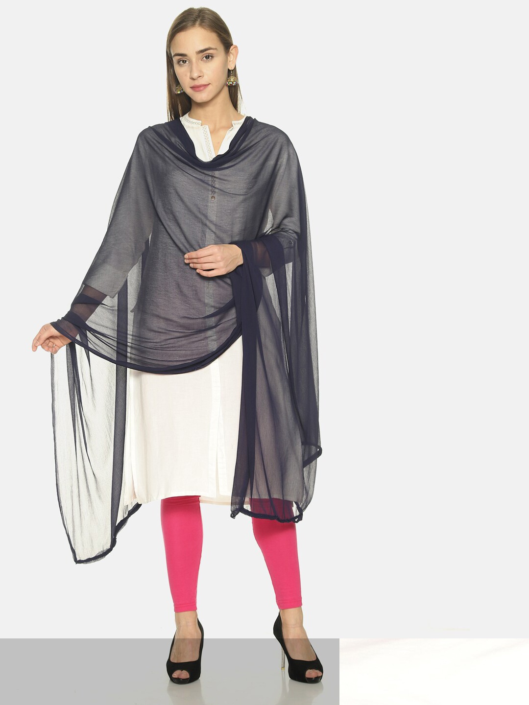 

TWIN BIRDS Set Of 2 Solid Nylon chiffon Light-weight Dupatta, Navy blue