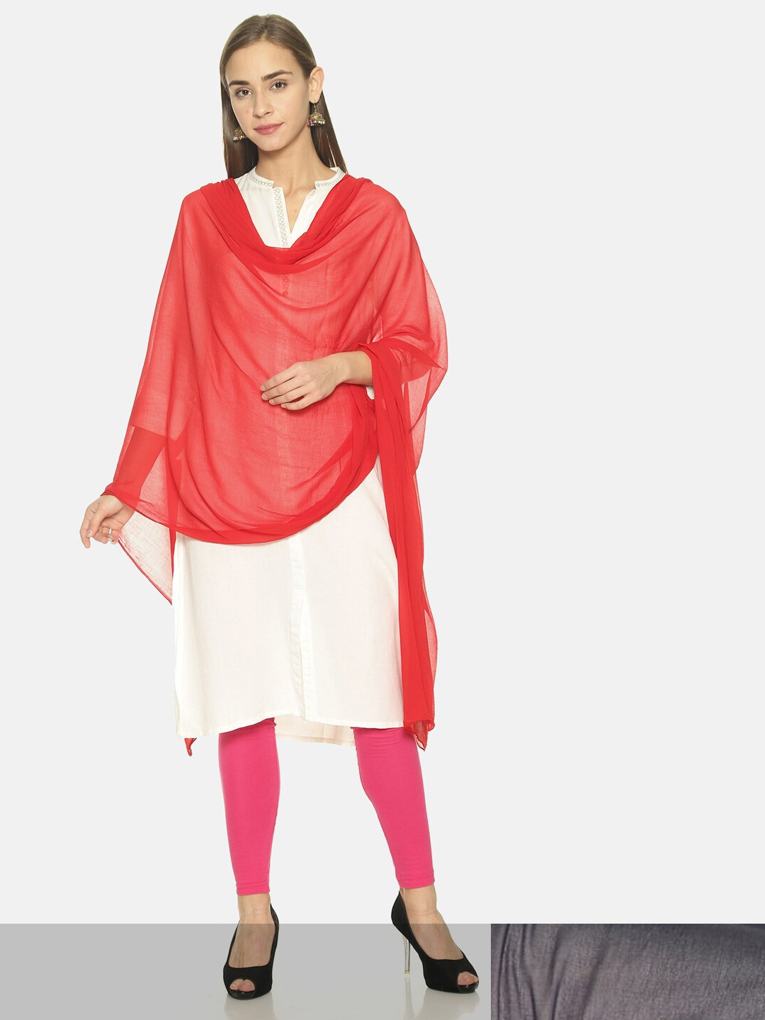 

TWIN BIRDS Set Of 2 Solid Nylon chiffon Light-weight Dupatta, Red