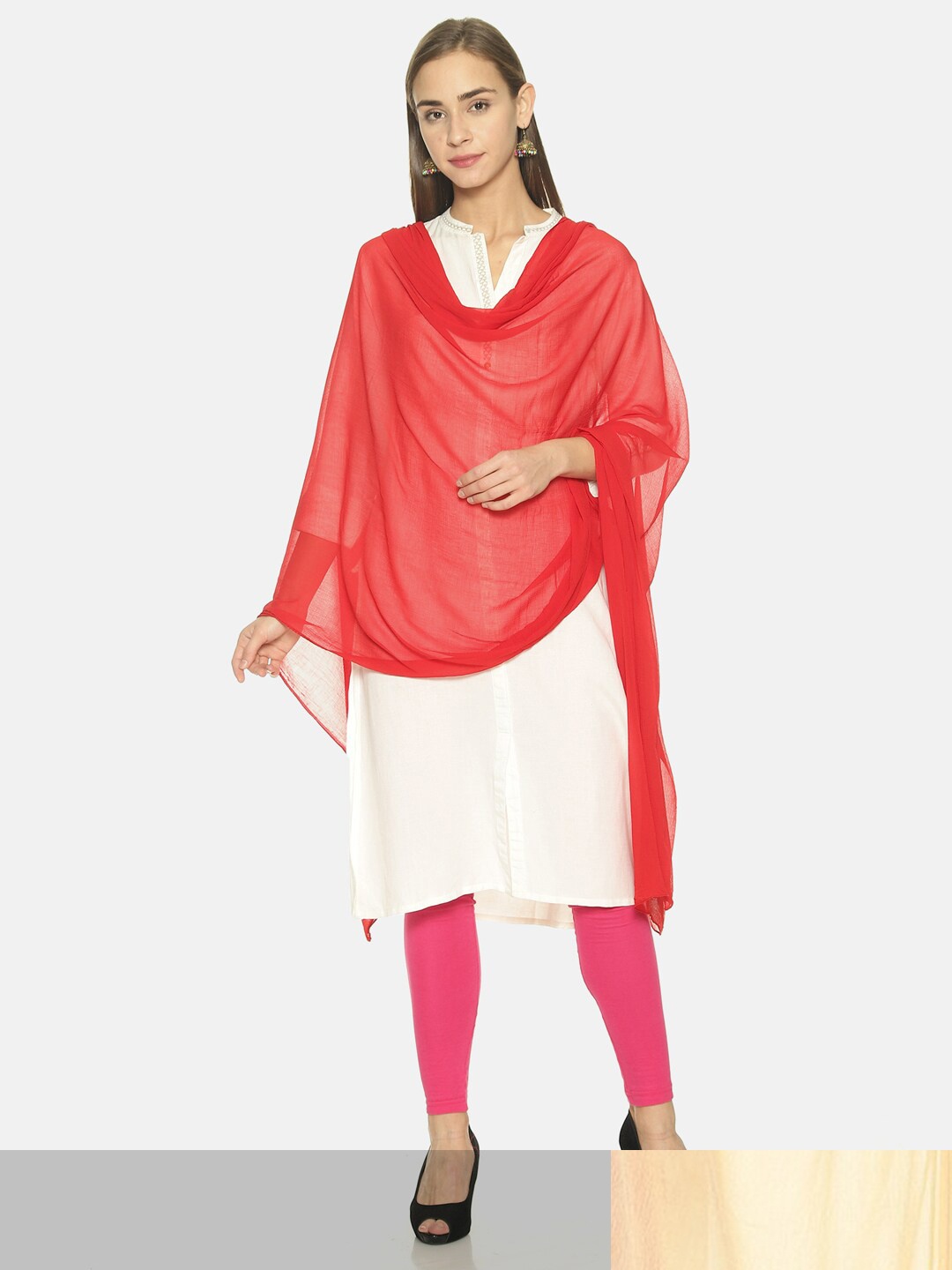 

TWIN BIRDS Set Of 2 Solid Nylon chiffon Light-weight Dupatta, Beige
