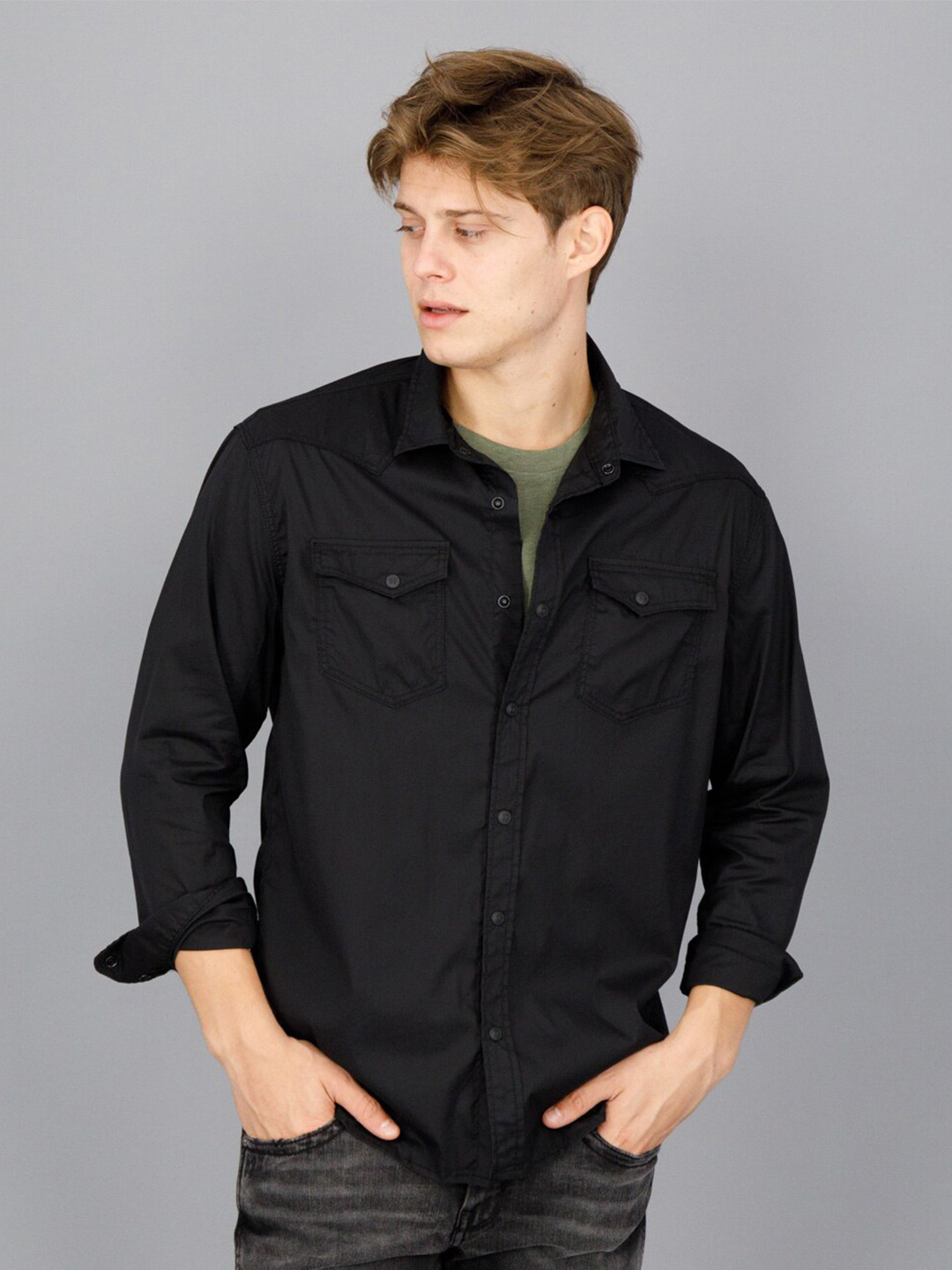 

FREESOUL Men Cotton Long Sleeve Casual Shirt, Black