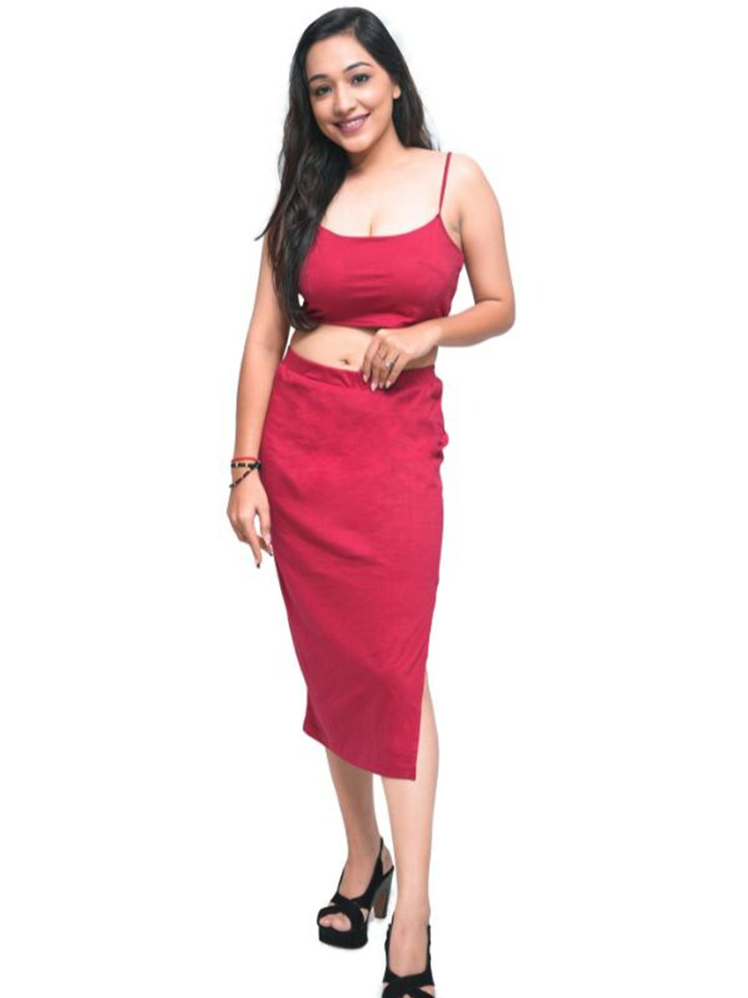 

La Aimee Women Red Solid Top with Skirt