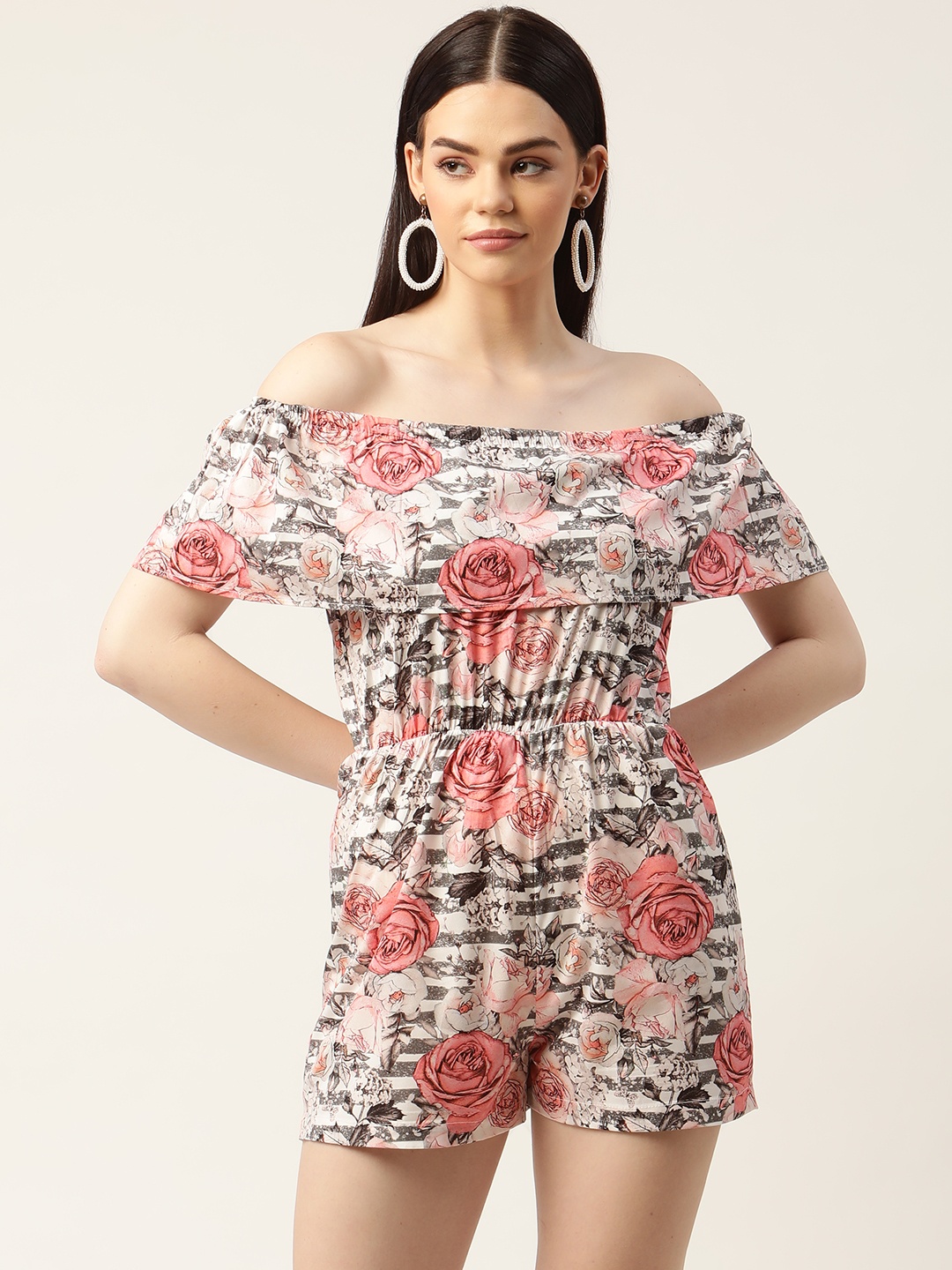 

Sleek Italia Off White & Peach-Coloured Floral Printed Layered Playsuit