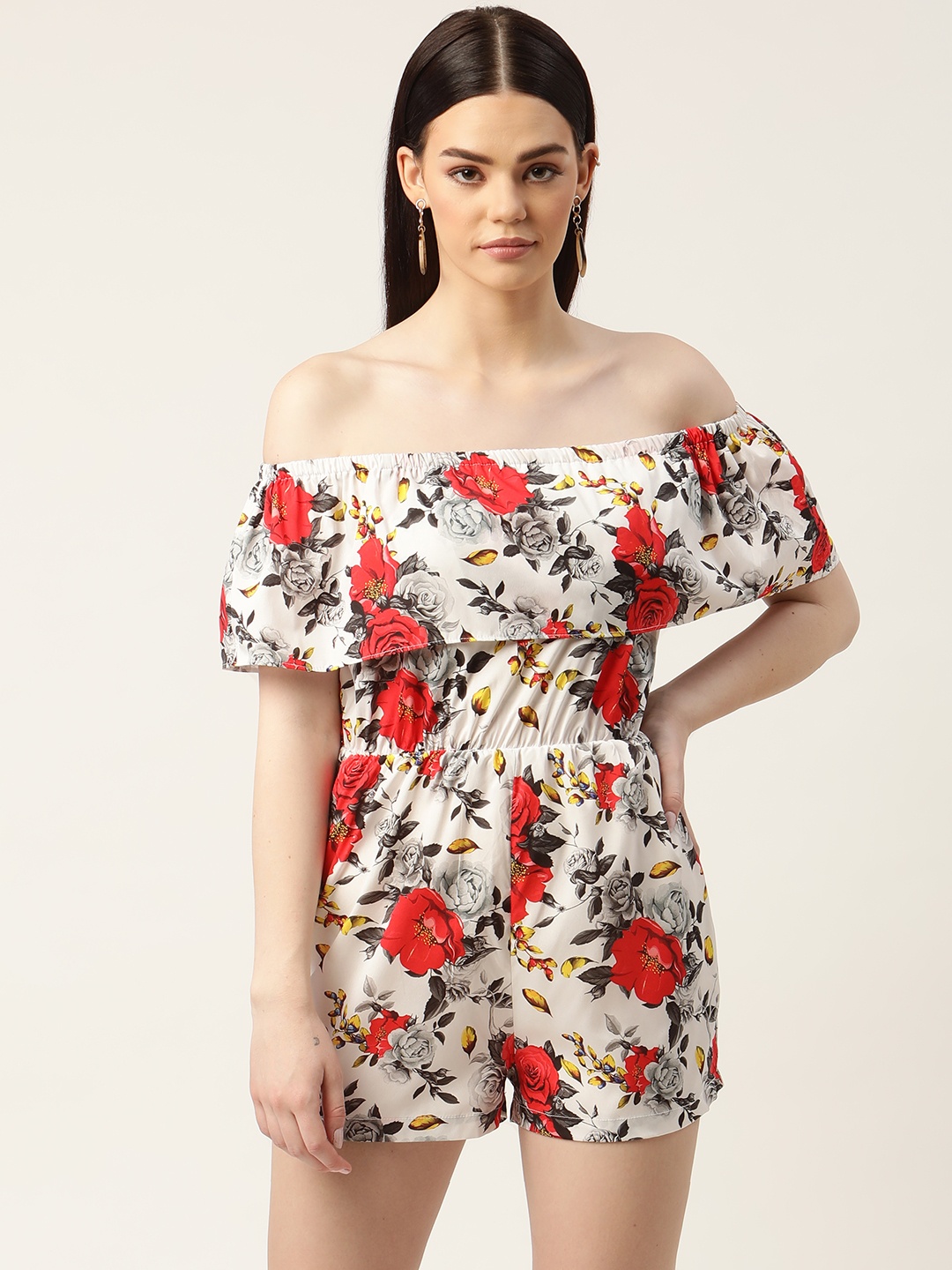 

Sleek Italia Off White & Red Off-Shoulder Floral Printed Layered Playsuit