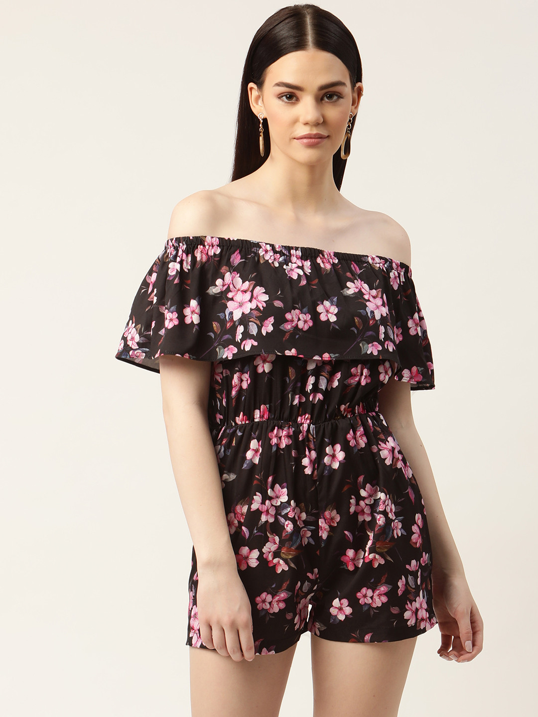 

Sleek Italia Black & Pink Off-Shoulder Floral Printed Layered Playsuit
