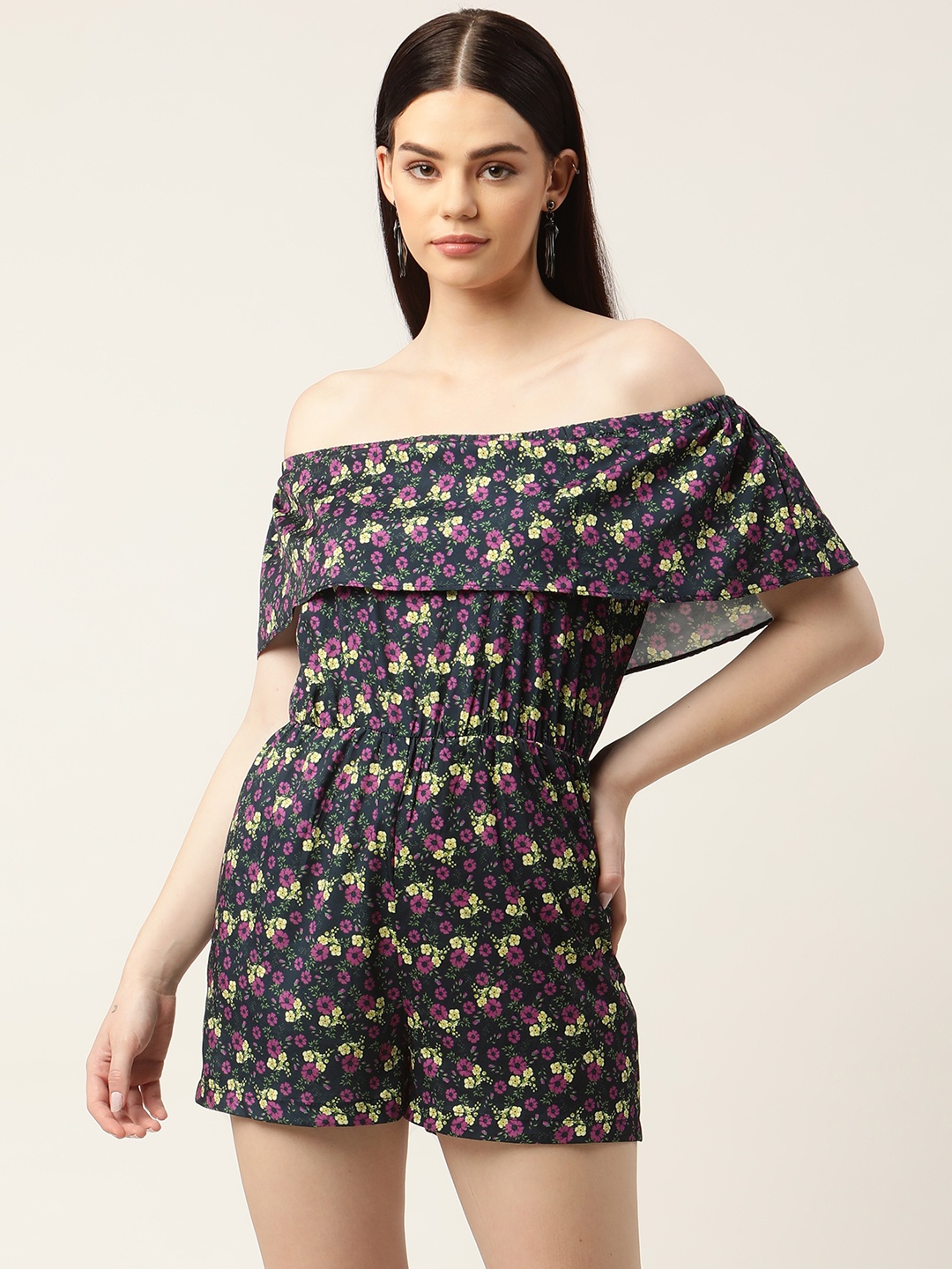 

Sleek Italia Navy Blue & Purple Off-Shoulder Floral Printed Layered Playsuit