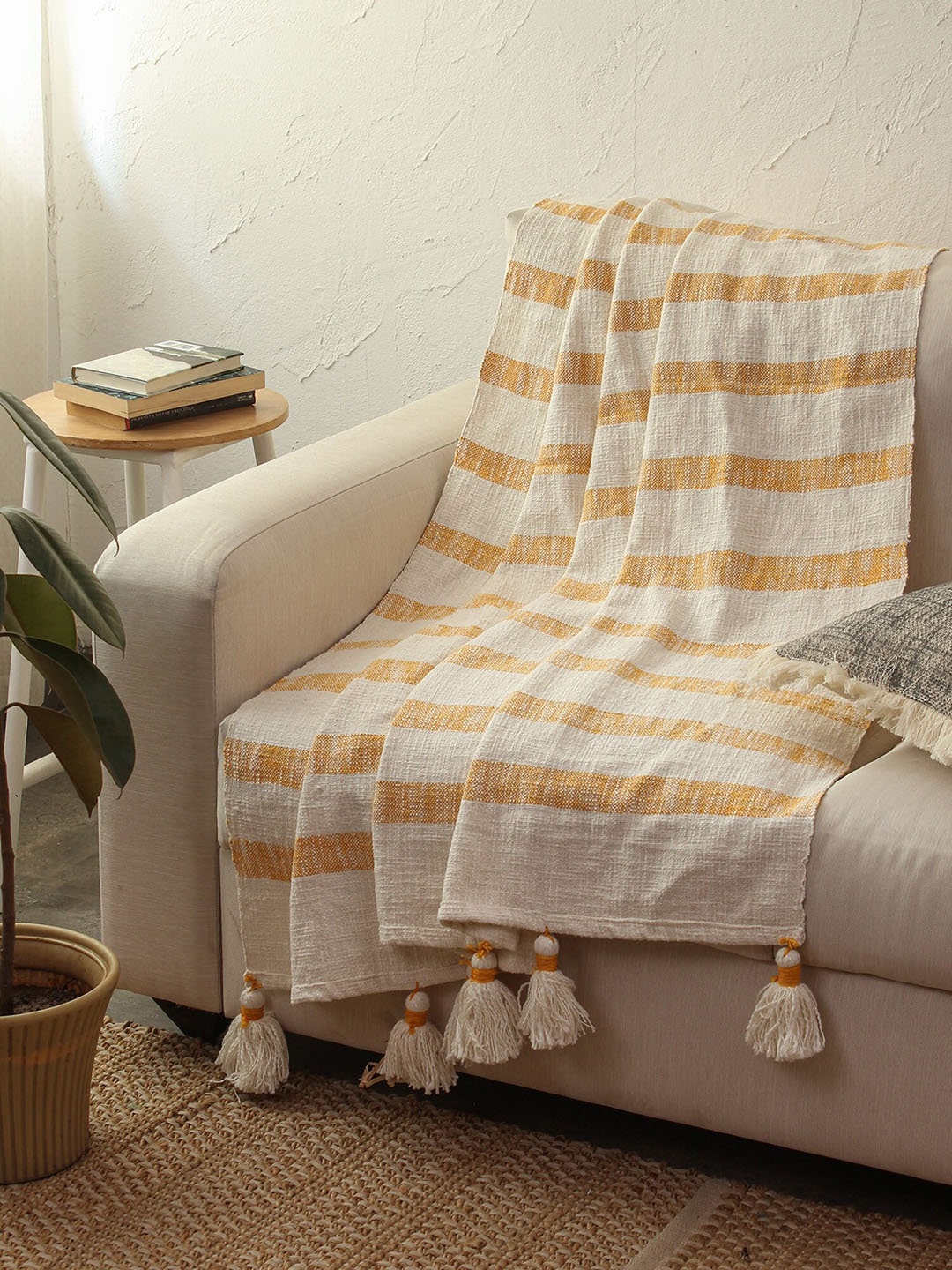 

House This Striped Cotton Sofa Throw, Yellow