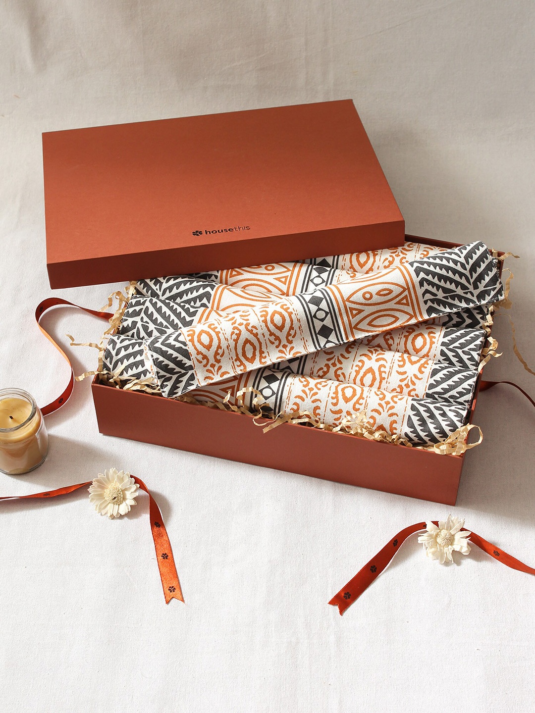 

House This Set Of 6 Printed Cotton Table Placemats, Orange