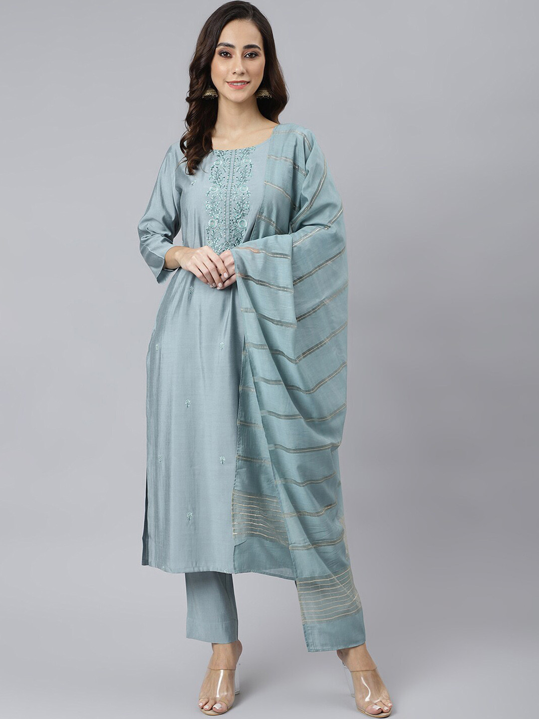 

Janasya Women Embroidered Thread Work Kurta with Trousers & With Dupatta, Blue
