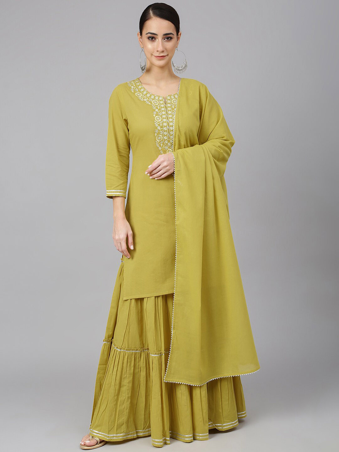 

Janasya Women Pure Cotton Kurta with Sharara & With Dupatta, Olive