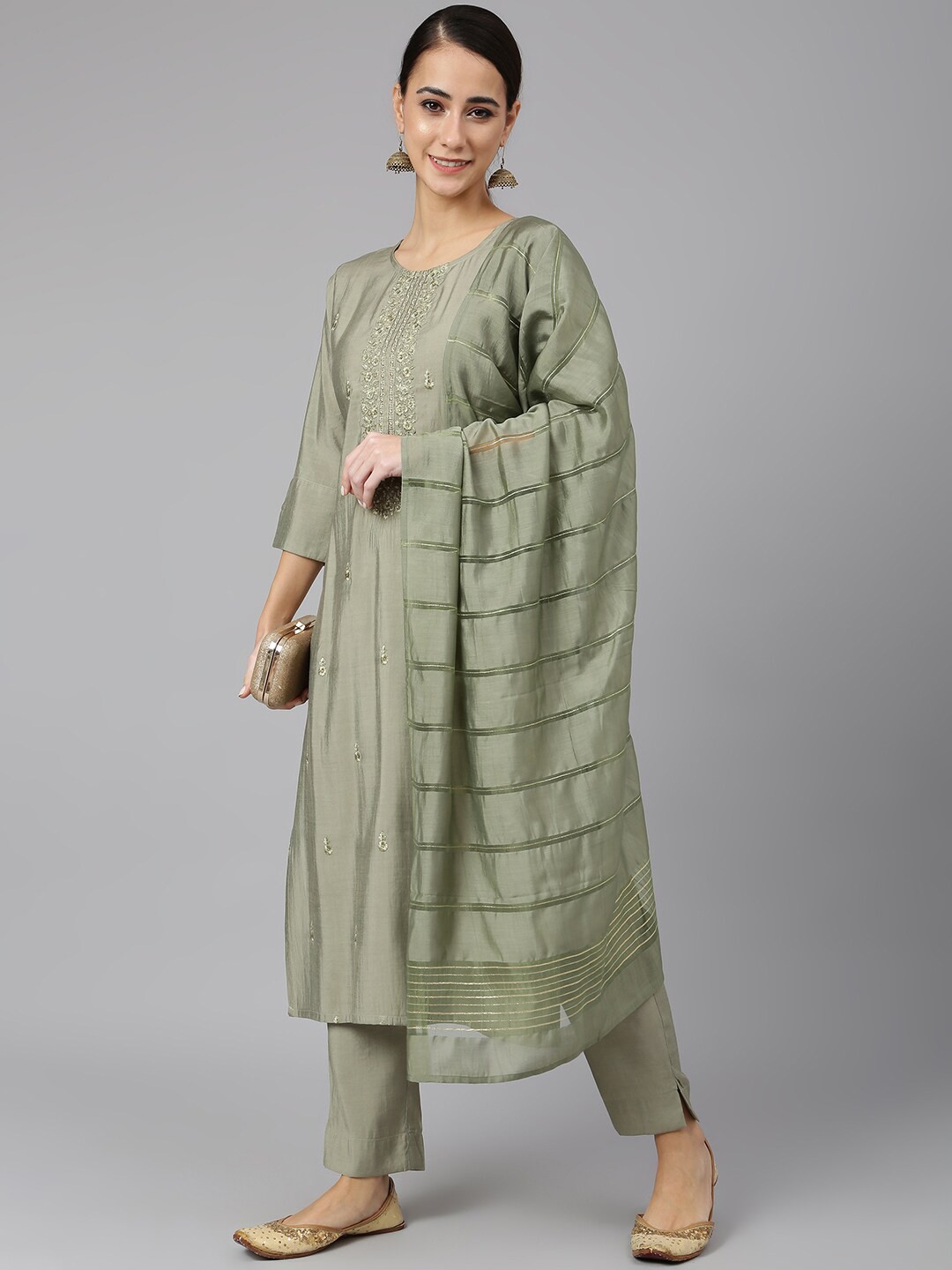 

Janasya Women Embroidered Panelled Thread Work Kurta with Trousers & With Dupatta, Green