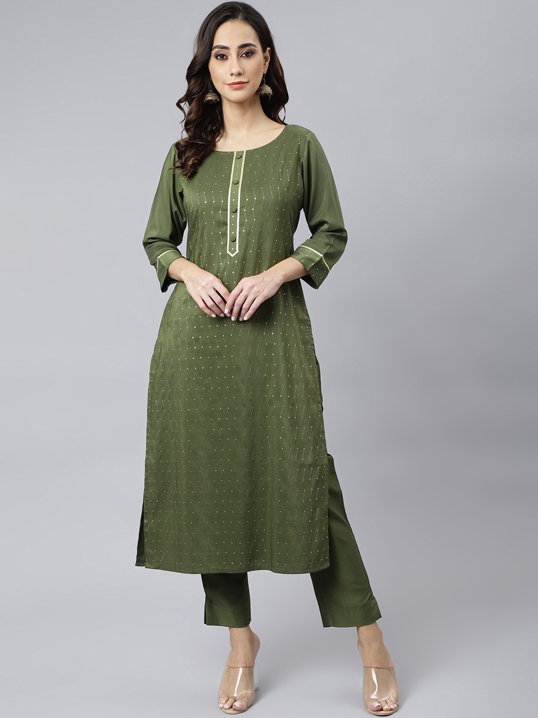 

Janasya Women Embroidered Thread Work Kurta with Trousers, Green