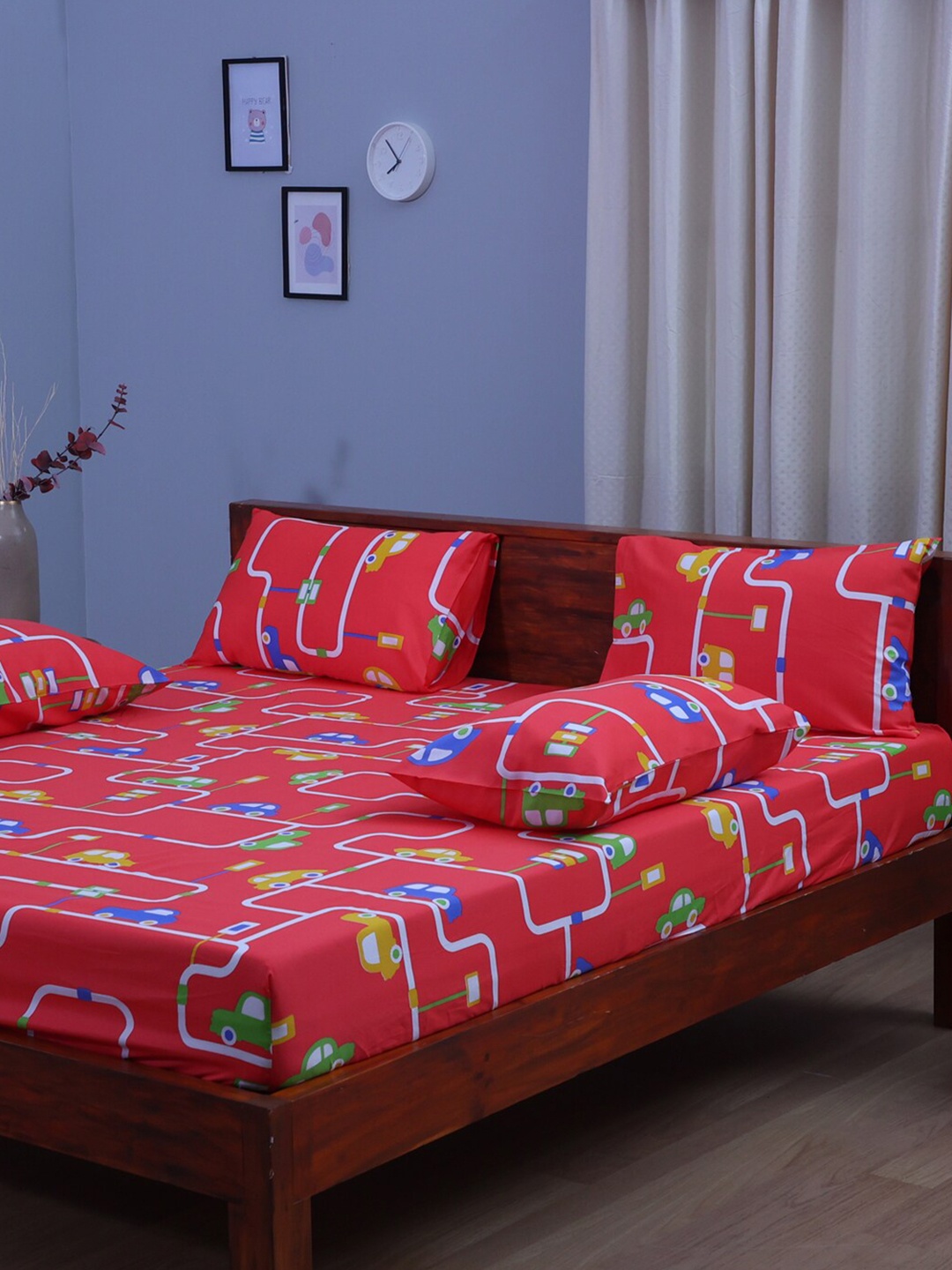 

BLUE DAHLIA Printed 250 TC King Cotton Fitted Bedsheet with 2 Pillow Covers, Red