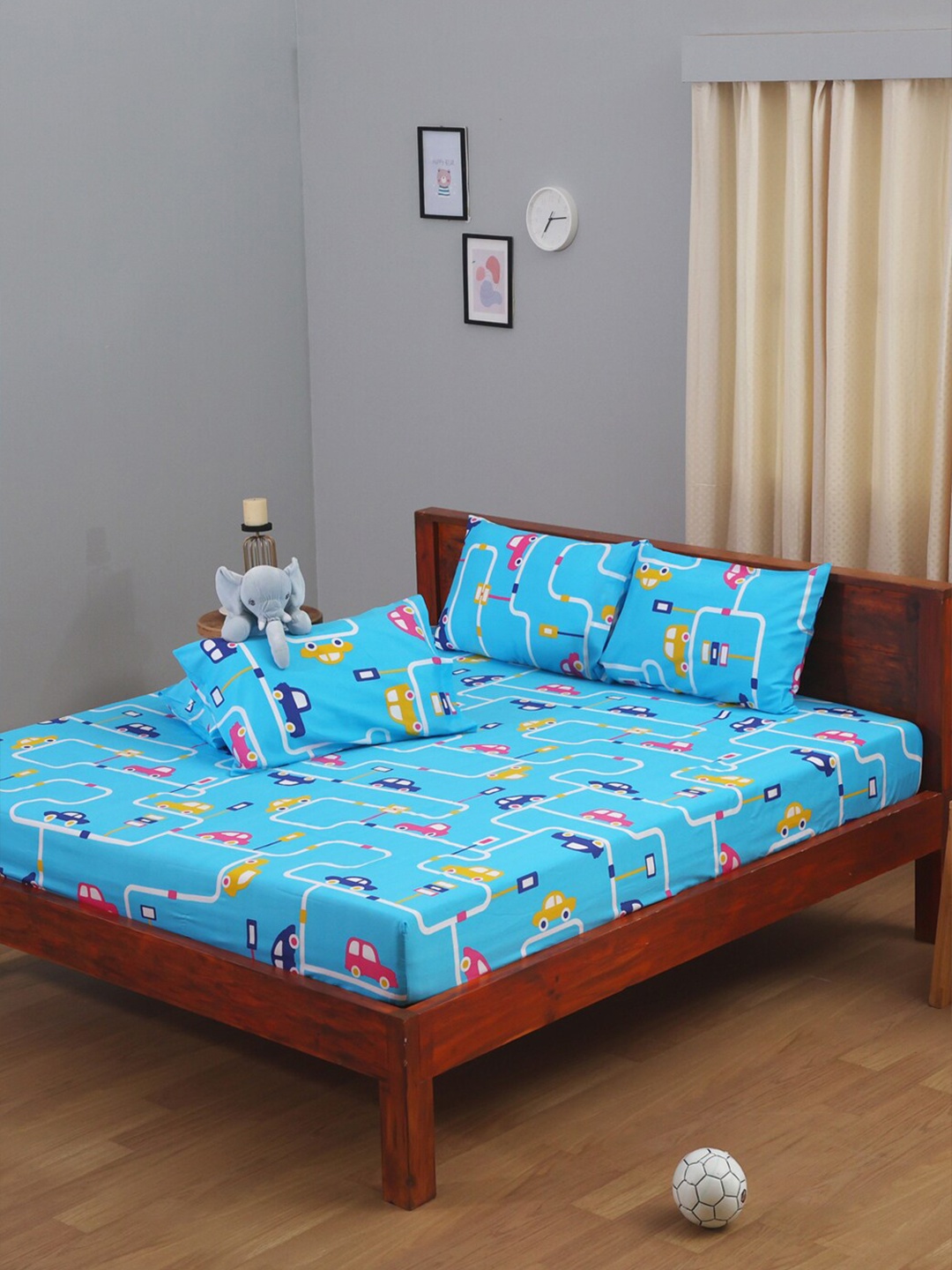 

BLUE DAHLIA Printed 250 TC Queen Cotton Fitted Bedsheet with 2 Pillow Covers