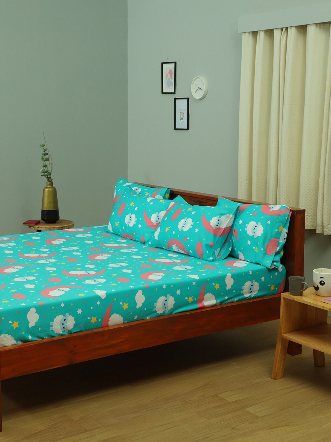 

BLUE DAHLIA Printed 250 TC Queen Cotton Fitted Bedsheet with 2 Pillow Covers, Green