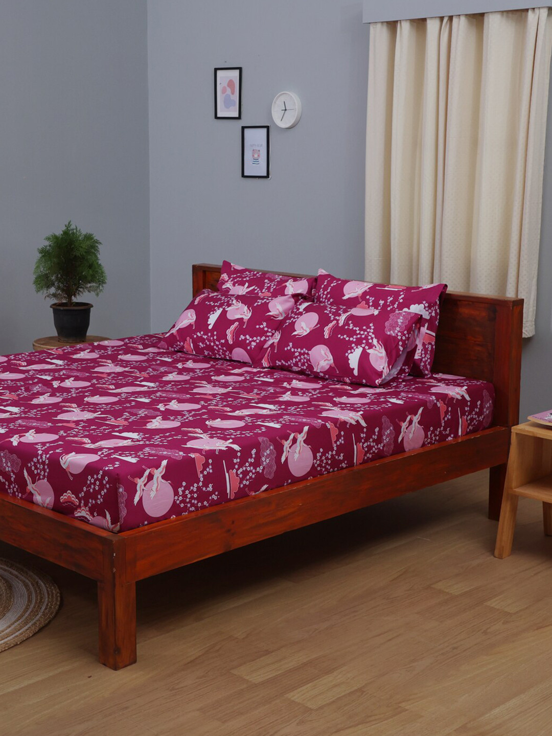 

BLUE DAHLIA Printed 250 TC Queen Cotton Fitted Bedsheet with 2 Pillow Covers, Magenta