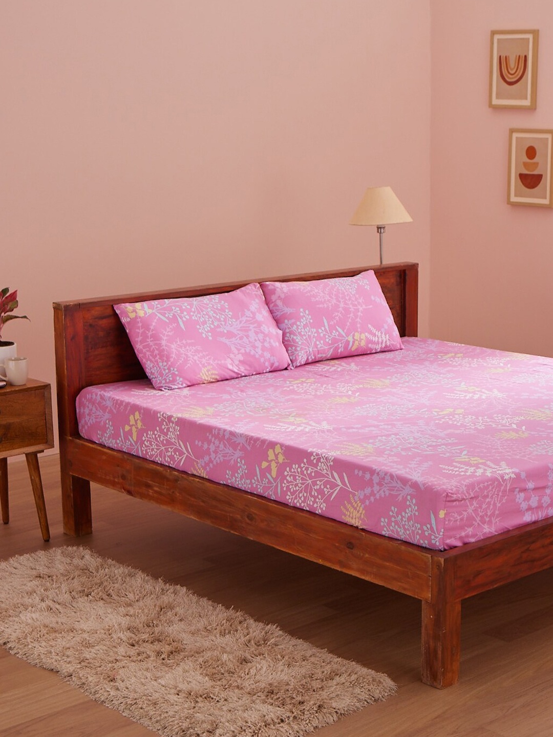 

BLUE DAHLIA Floral Printed 250 TC Queen Bedsheet with 2 Pillow Covers, Pink
