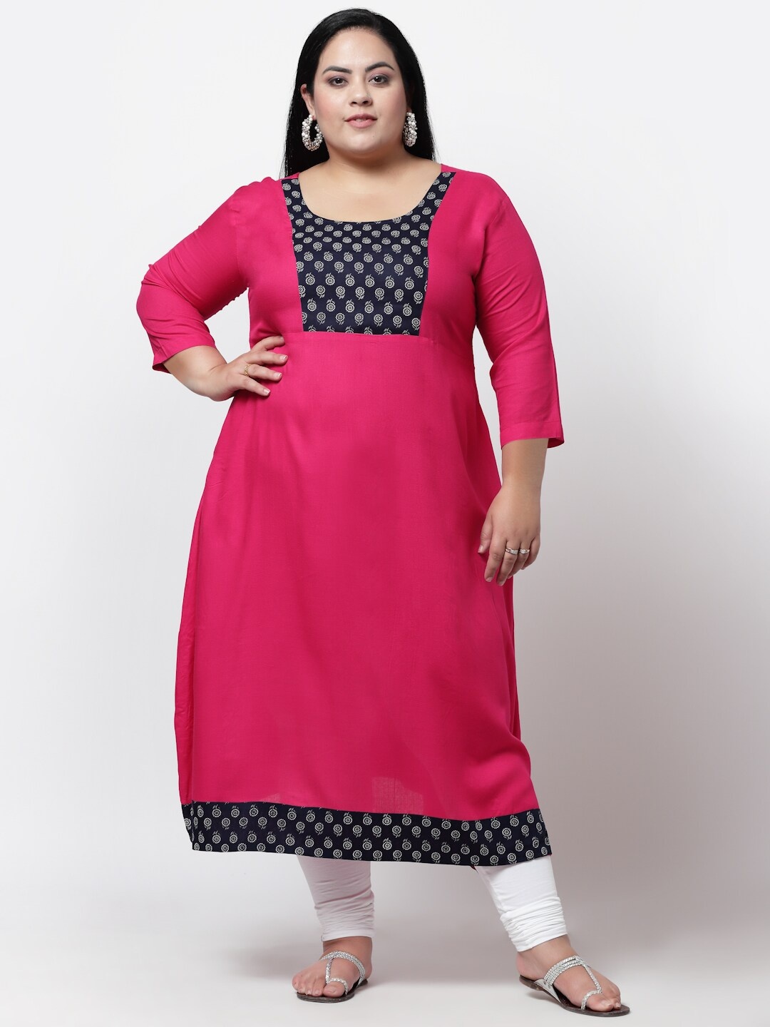FAZZN Women Plus Size Floral Yoke Design Kurta, Pink