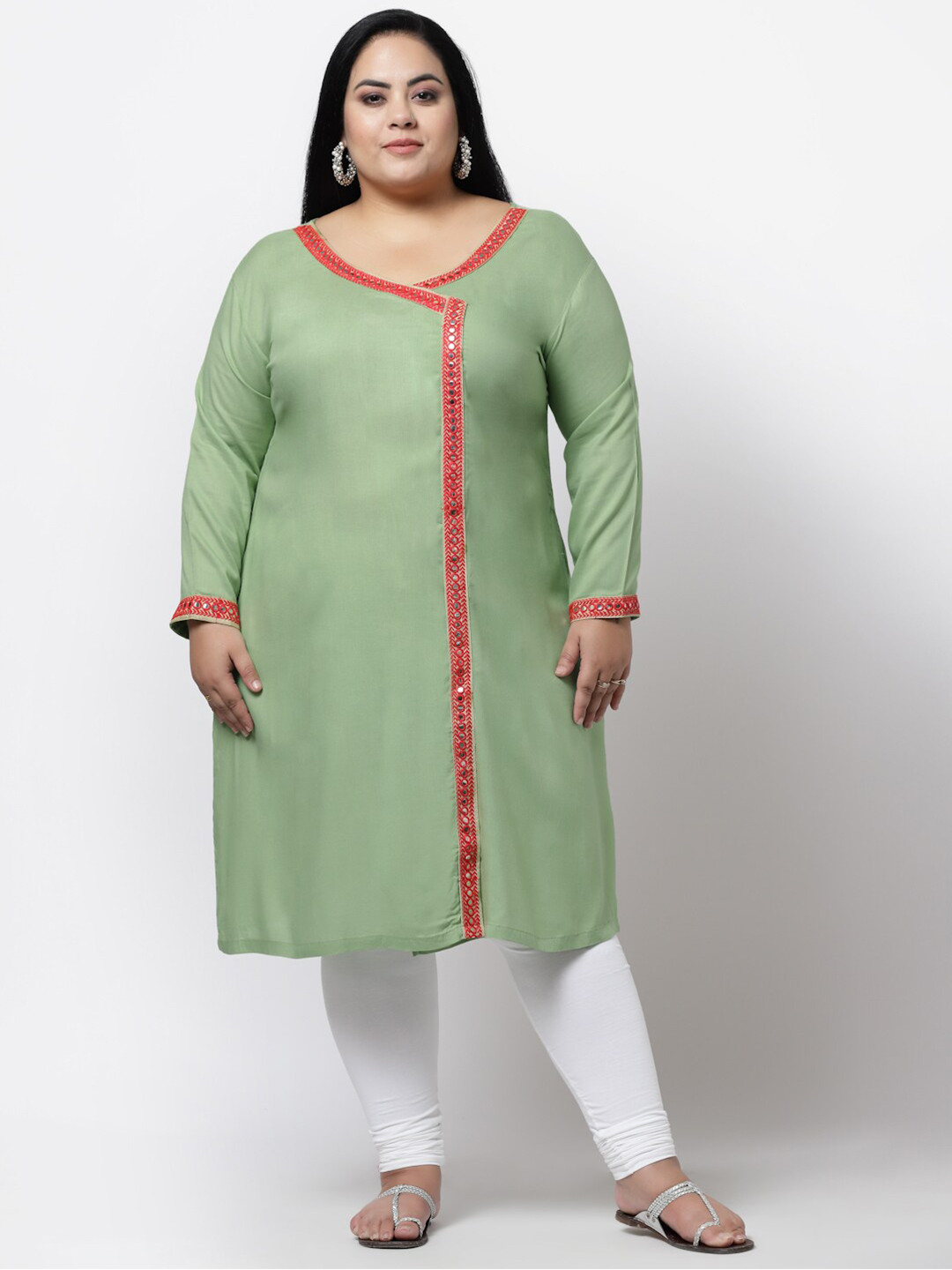 

FAZZN Women Plus Size Mirror Work Angrakha Kurta, Green