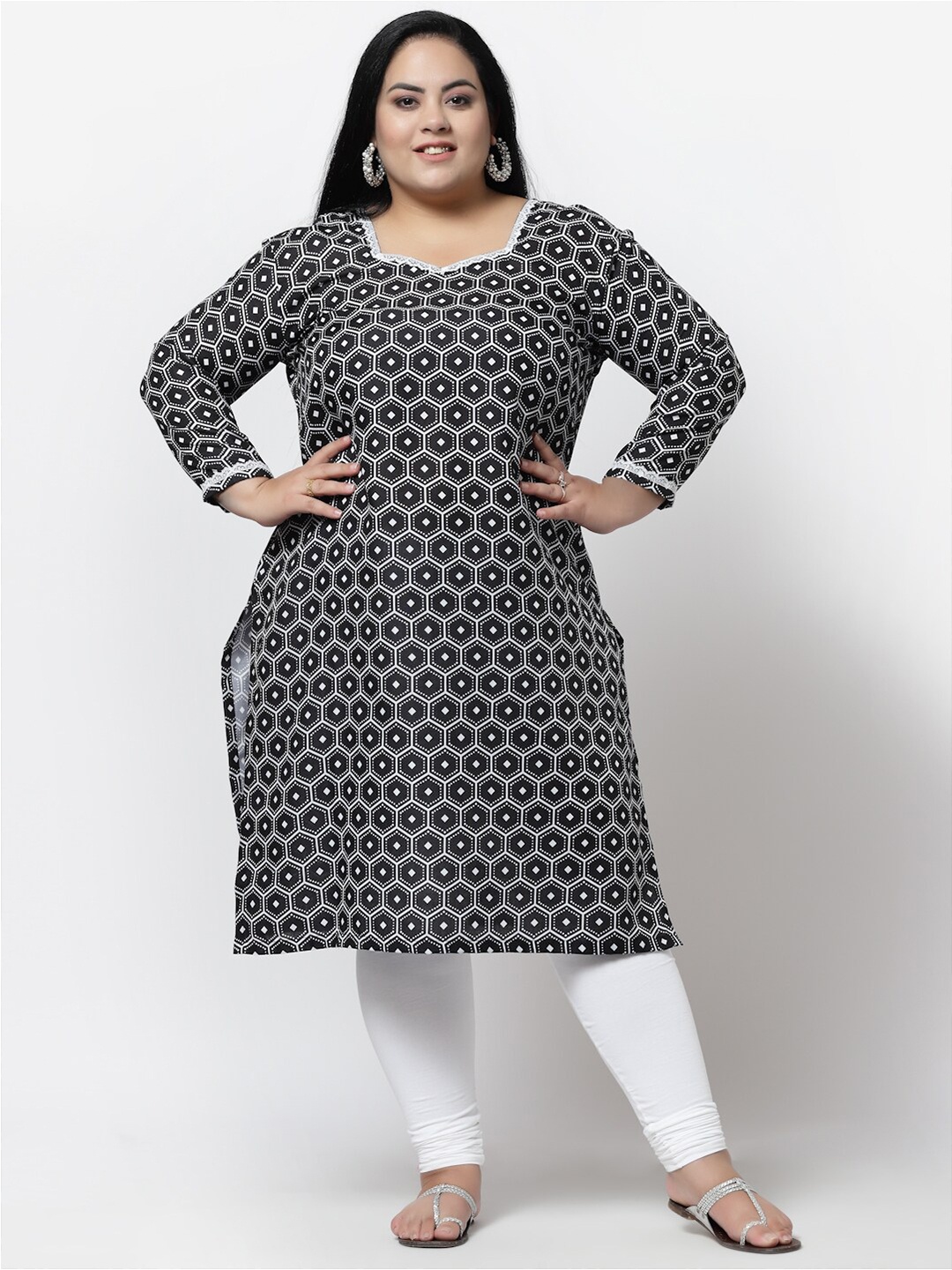 FAZZN Plus Size Women Geometric Printed Kurta, Black
