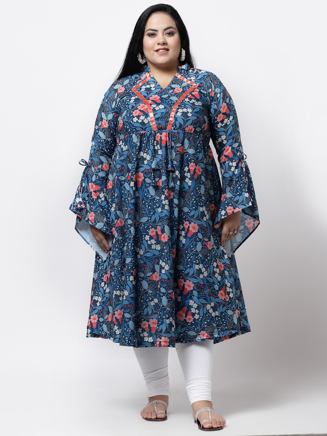 

FAZZN Women Plus Size Floral Printed Flared Sleeves Kurta, Blue