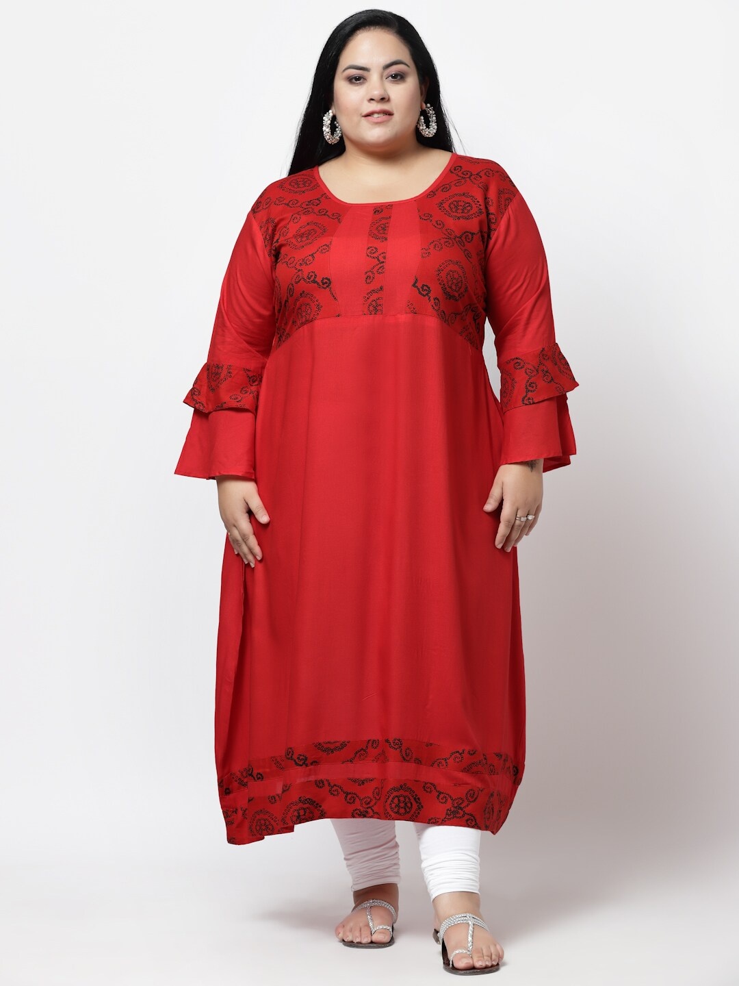 

FAZZN Women Plus Size Ethnic Motifs Printed Bell Sleeves Kurta, Red
