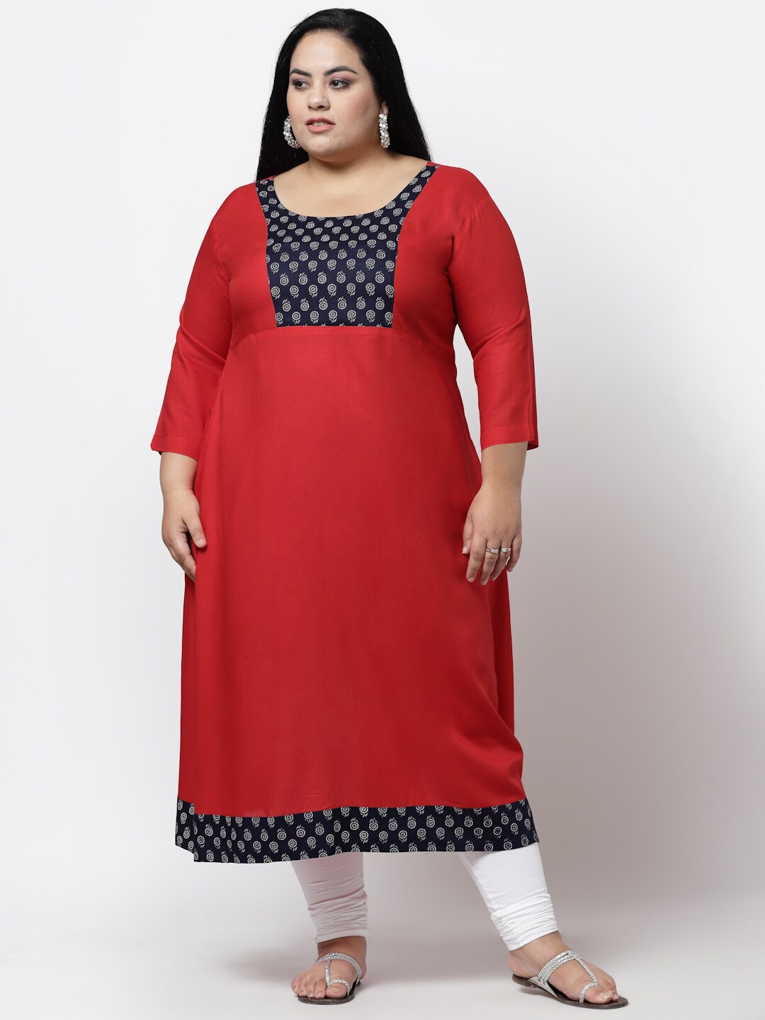 

FAZZN Women Plus Size Red & Navy Blue Ethnic Motifs Printed Kurta