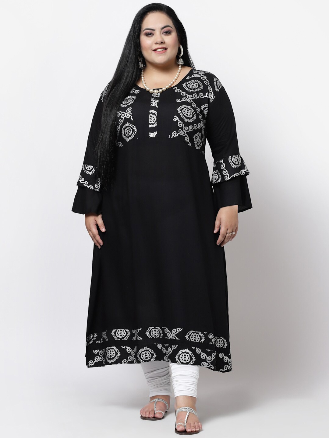 

FAZZN Plus Size Women Black Ethnic Motifs Printed Bell Sleeves Anarkali Kurta