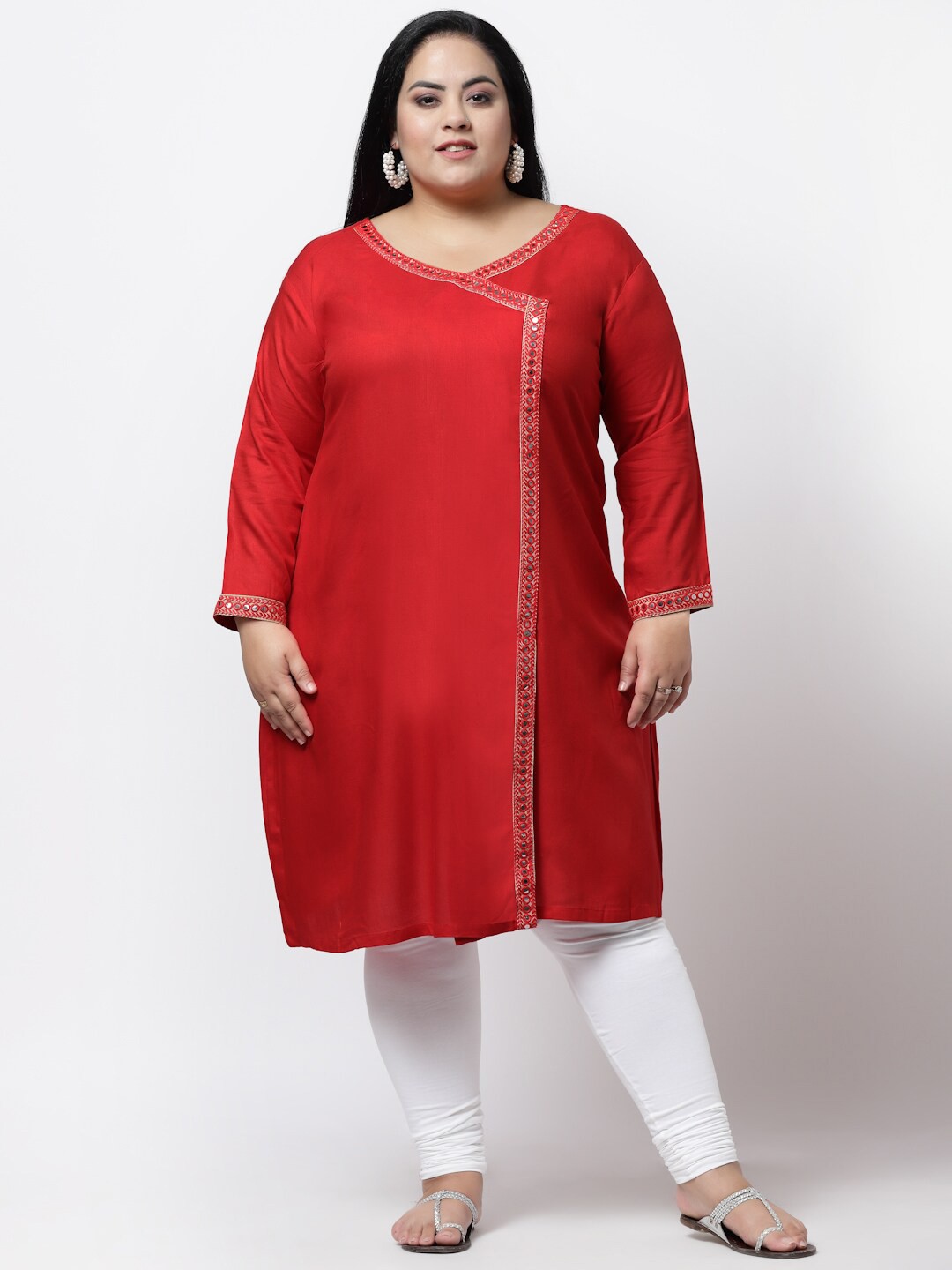 

FAZZN Women Plus Size Red Mirror Work Angrakha Kurta