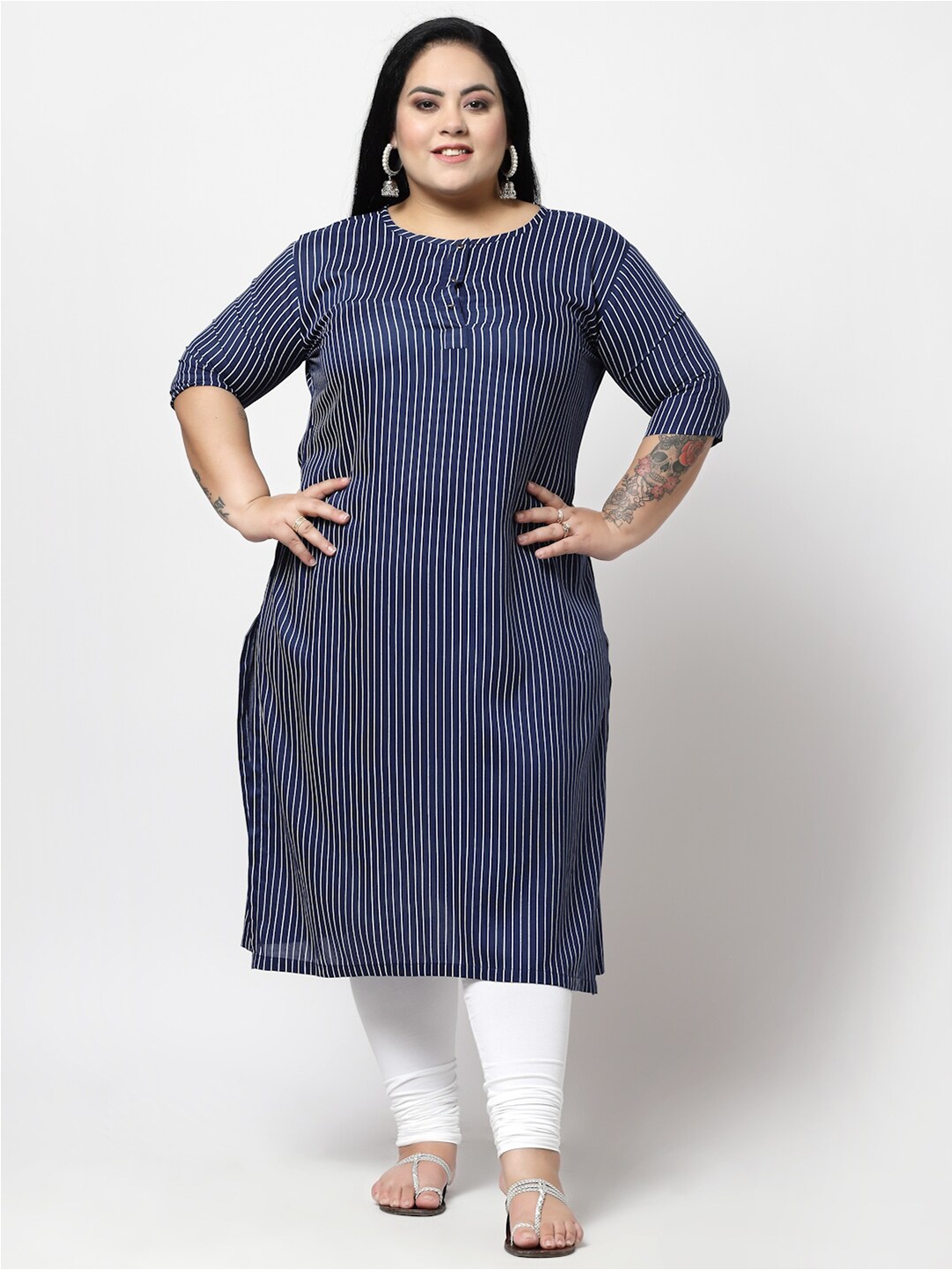 

FAZZN Plus Size Women Blue Striped Kurta